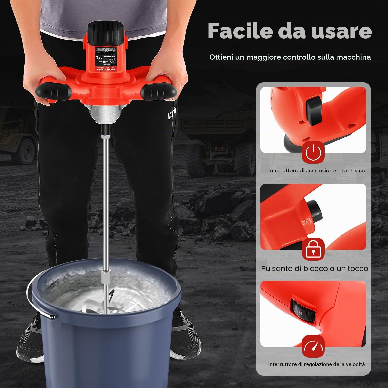 MINRS Agitatore per malta da 1500 W, mescolatore per calcestruzzo, malta a 6 marce, miscelatore per cemento, elettrico, per miscelare vernici, cemento, cemento