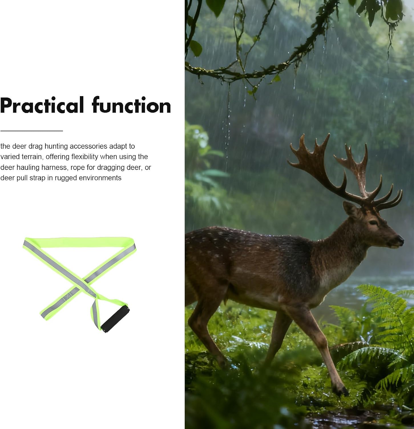 PRETYZOOM Heavy Duty Deer Dragging Rope 150cm Long Nylon Strap with 40mm Thickness, Fluorescent Green Reflective Deer Puller Harness for Harsh Winter Conditions and Rugged Outdoor Hunting
