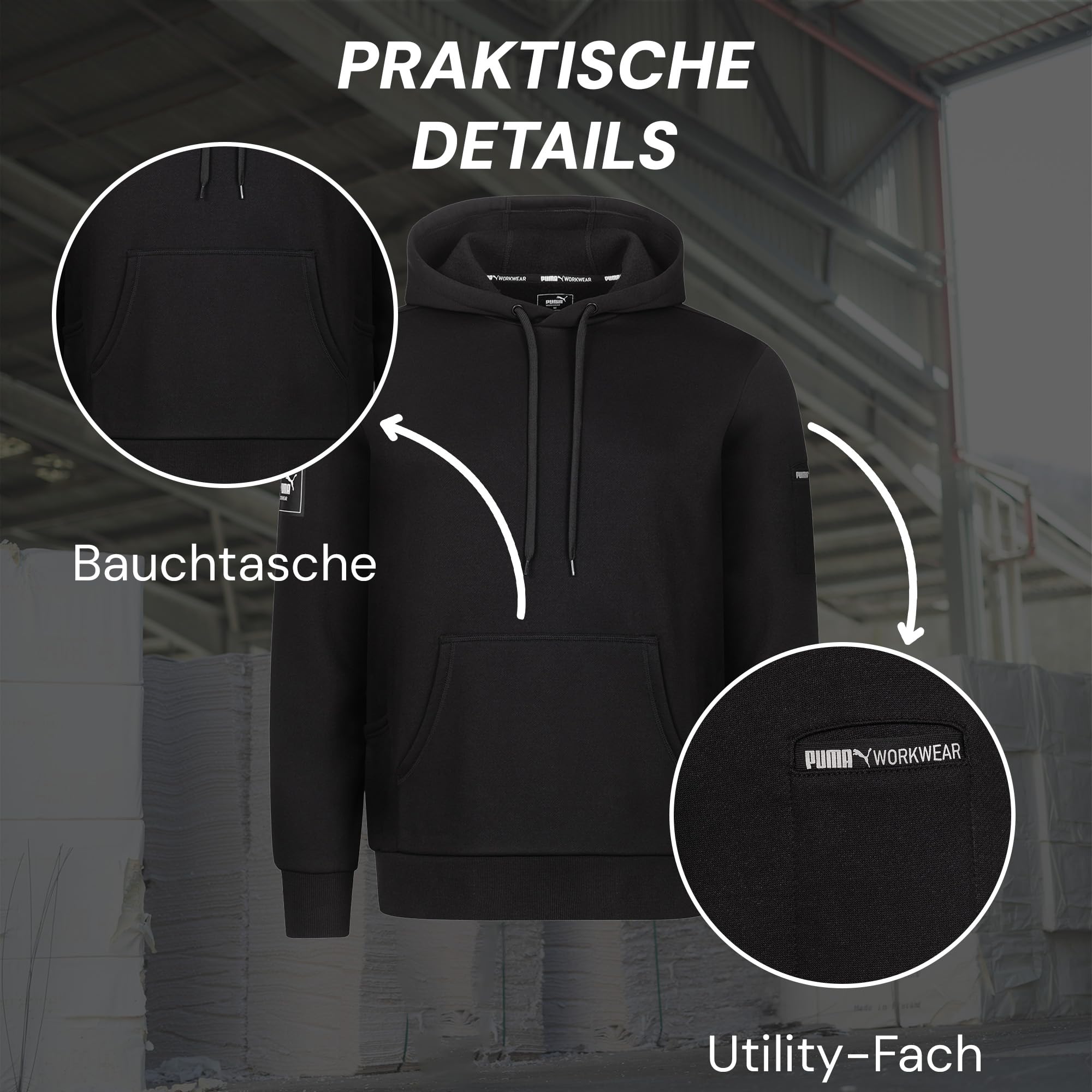 PUMA Workwear Advanced Kollektion - Hoodie Herren Pullover mit Kapuze - Schultertasche, Zwei Seitentaschen und Bauchtasche - Atmungsaktives Gewebe - Für Handwerk und Logistik