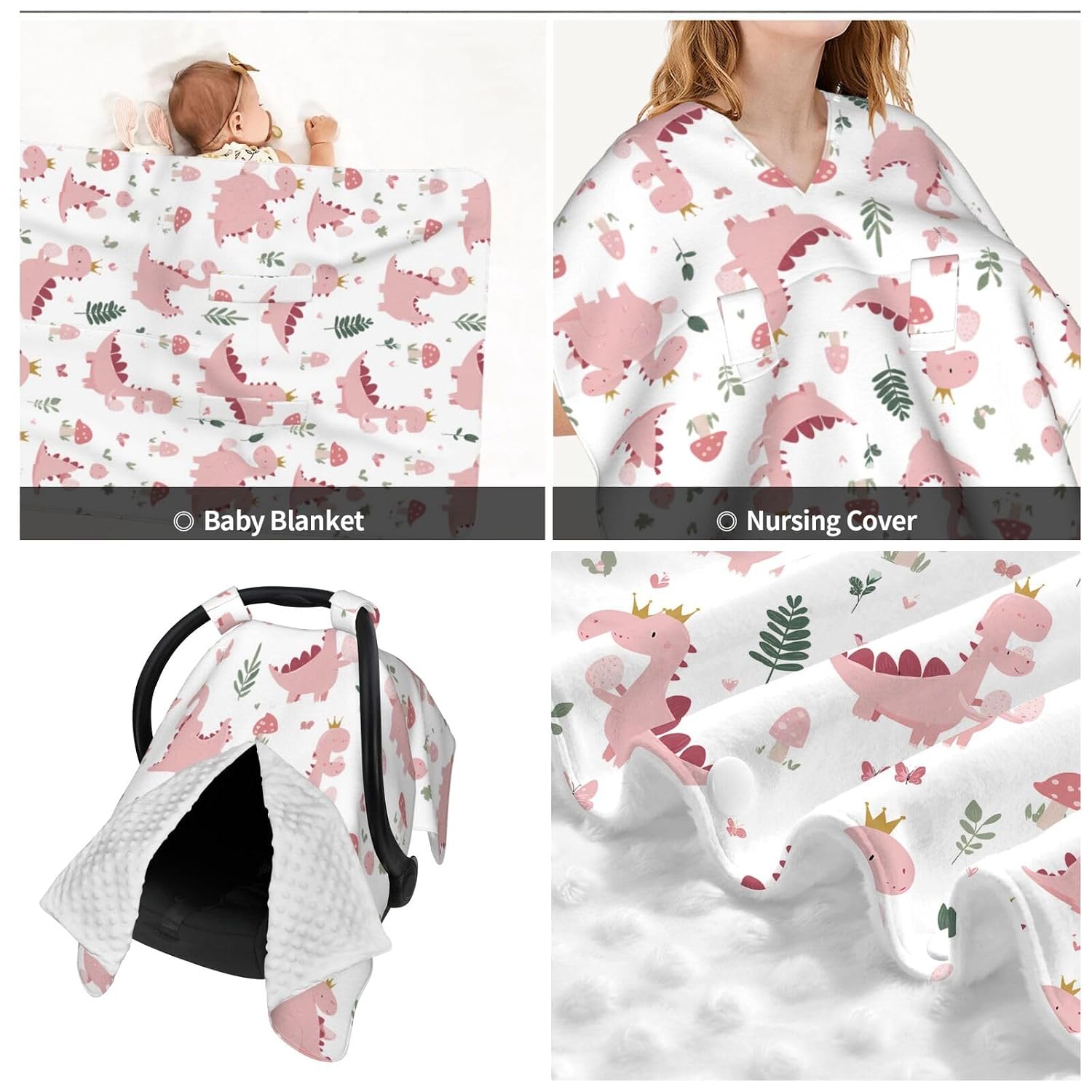 Cute Pastel Pink Dinosaurs Baby Car Seat Canopy Nursing for Breastfeeding Multi-Use Infant Stretchy Carrier Carseat Winter Cover for Newborn Girls Boys