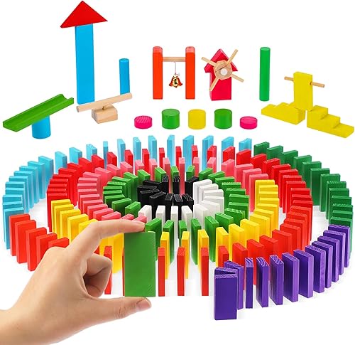 Miniatura 1 de Shappy Juego de 300 piezas de dominó de madera grandes con 12 mecanismos de dominó, coloridos bloques de madera de mesa de dominó para apilar,