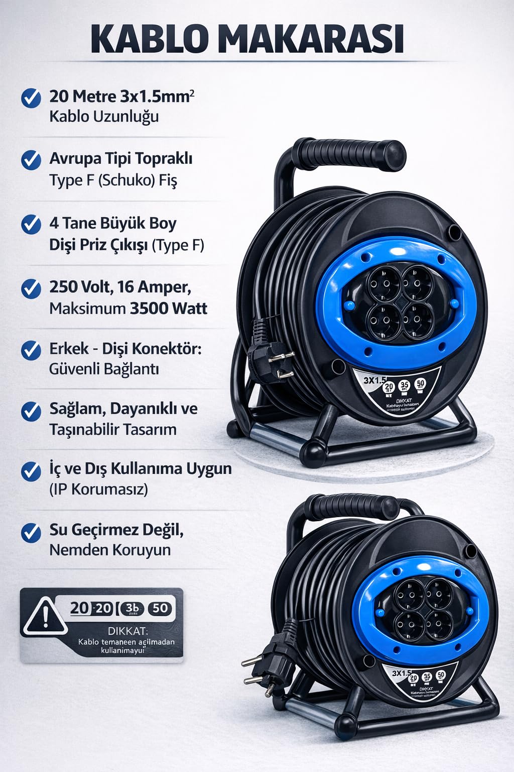4 Prizli Seyyar Kablo Makarası, 20 Metre Uzatma Kablosu, 3x1.5 mm², Topraklı Sistem, Taşınabilir Tasarım, Dayanıklı Gövde, Ev Kullanımı, Bahçe Kullanımı, Atölye Kullanımı, Şantiye Kullanımı, Çok Amaçl