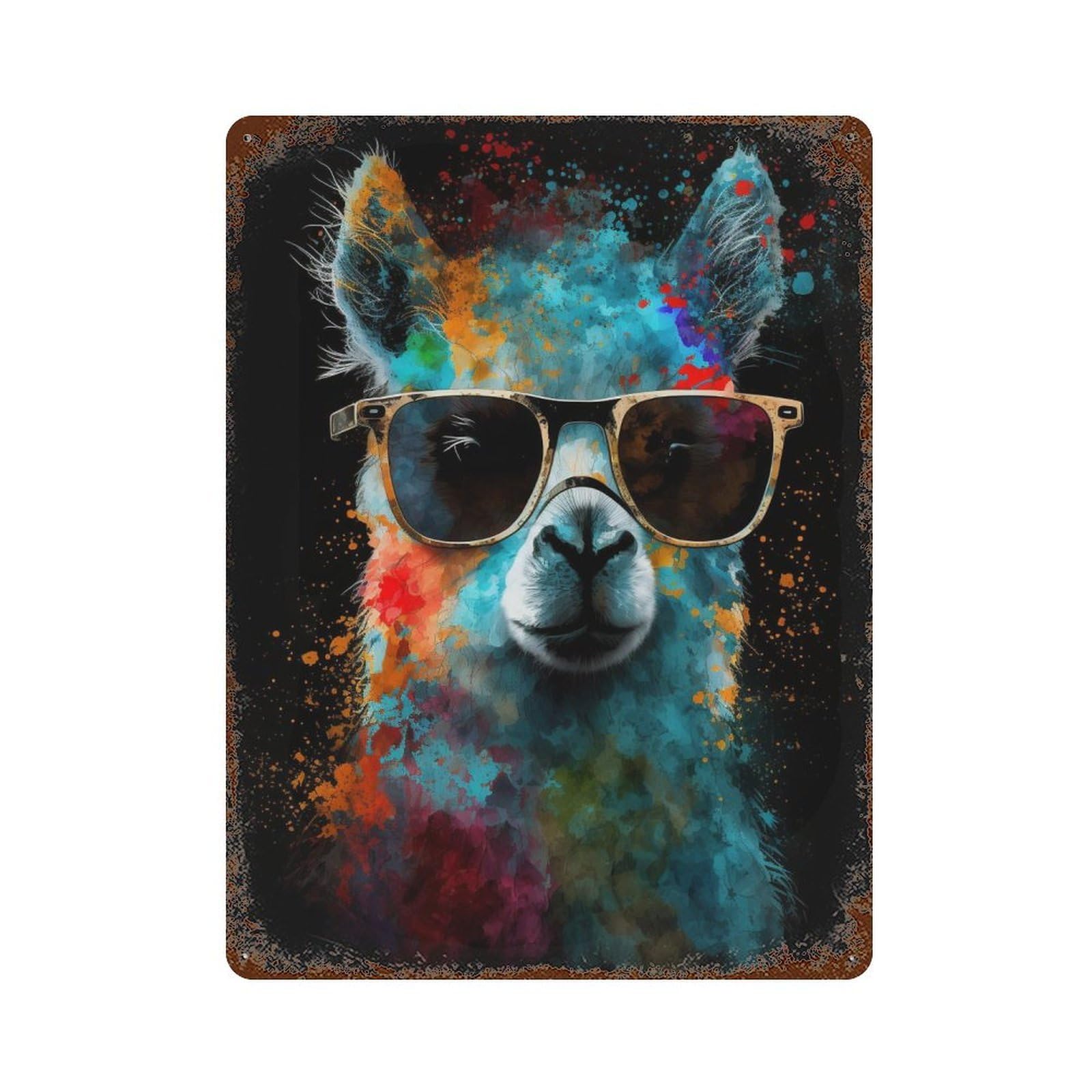 Rust Effect Colorful Llama with Sunglasses Vintage Metal Tin Sign 15.7"x11.8", Farmhouse Wall Decor for Garage, Bar And Workshop Decor