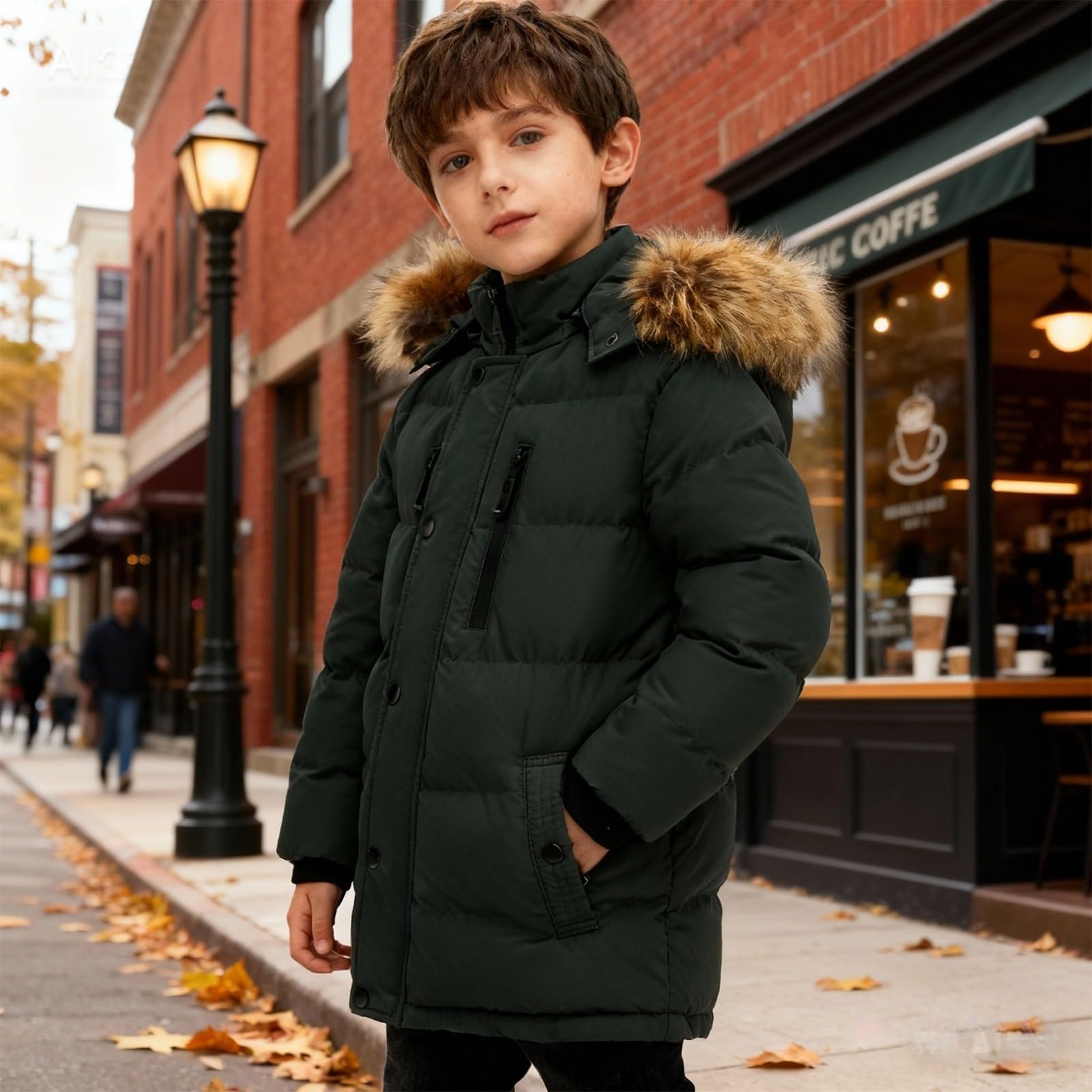 Piumino per bambini con cappuccio in pelliccia e tasche, tinta unita, giacca invernale, impermeabile, comodo, morbido, giacca a vento, giacca con cappuccio, leggera, alla moda, per attività all'aria