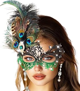 Rhinestone Masquerade Mask, Green Masquerade Ball Mask, Feather Party Masks for Women
