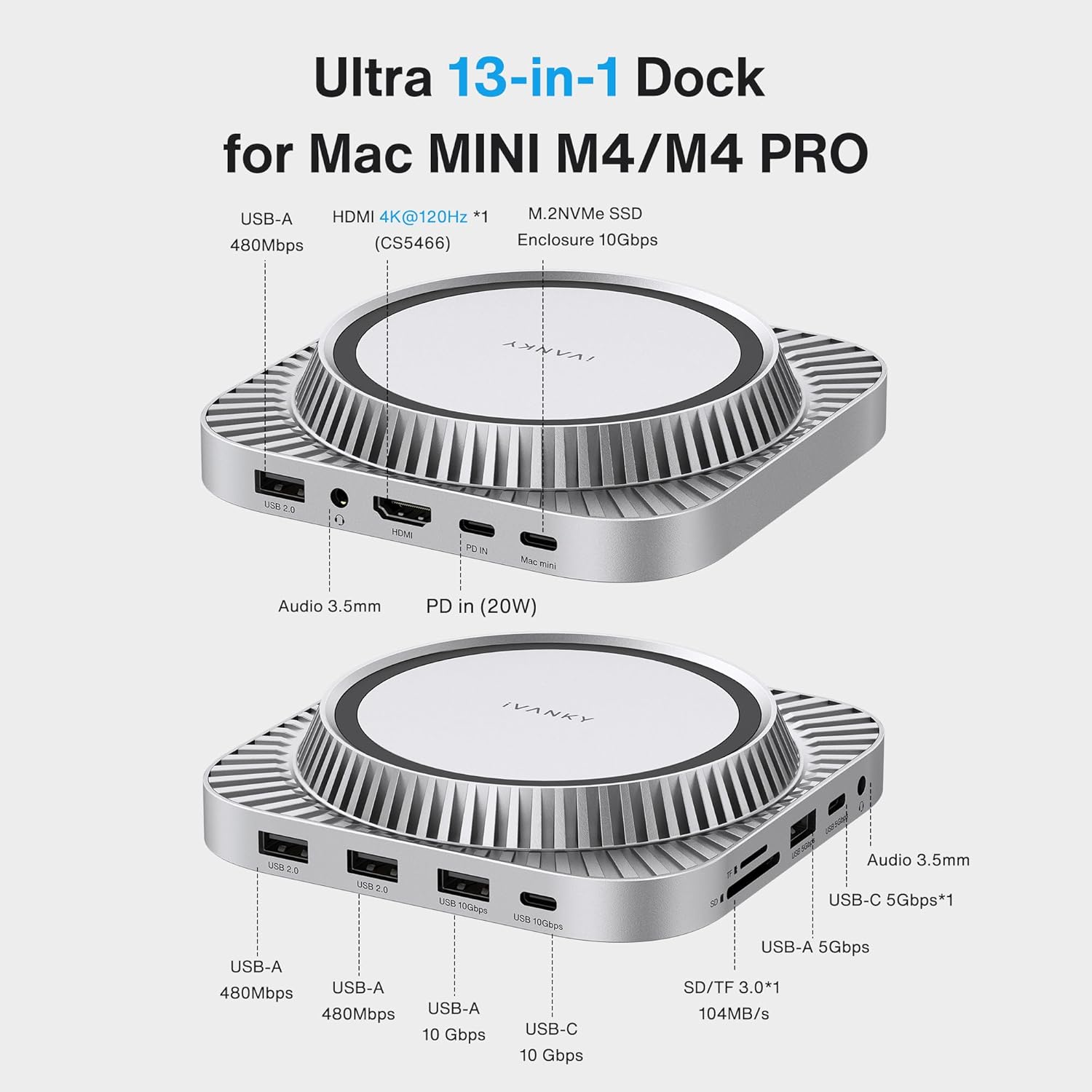 IVANKY 13-in-1 Mac mini M4 Dock, Ultra Docking Station Stand with M.2 NVMe SSD Enclosure, 4K@120Hz HDMI Hub for Mac mini M4 &M4 Pro (2024), 10 Gbps USB, SD/TE, Audio Ports *2, 20W PD Power Adapter *1