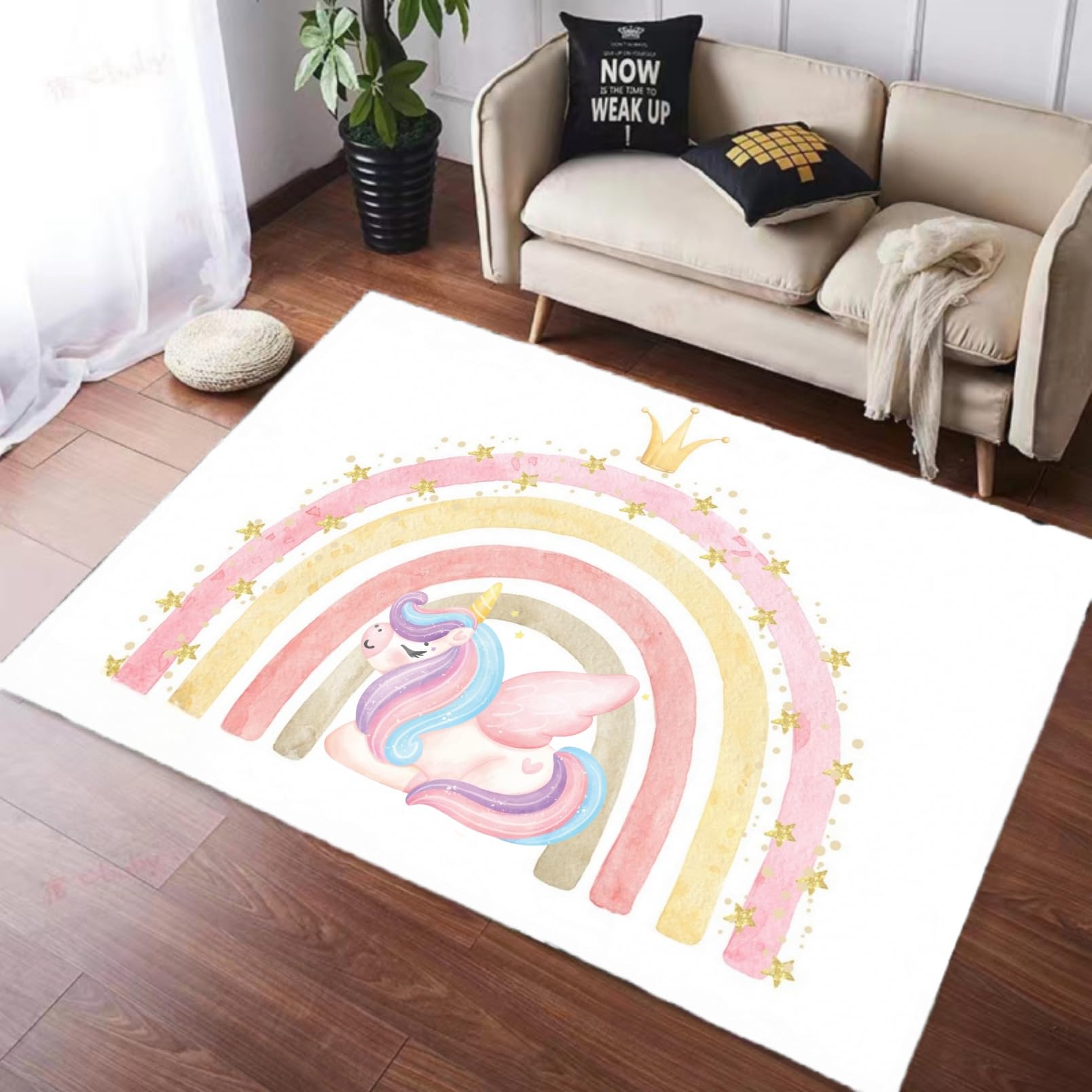 Alfombra De Niñas Unicornio Arcoiris Impresión 3D Home Decor Carpets Alfombra Habitación Niños Rosa Azul Unicornio Alfombra De La Sala De Estar Gaming Alfombra, Custom Name (Blanco,100x150 cm)