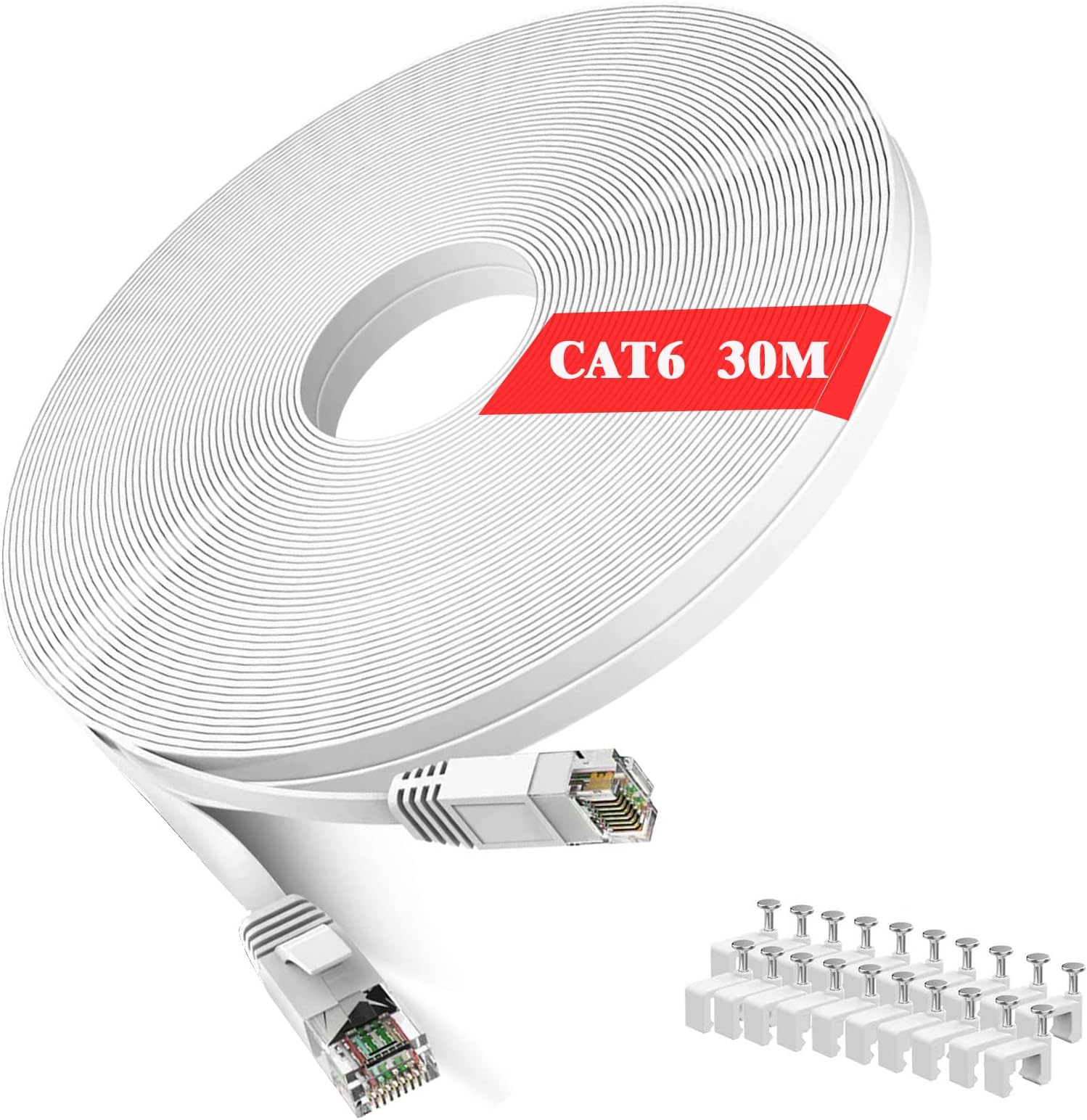 Cat 6 Ethernet Cable 100 ft White - Flat Internet Network LAN Patch Cords – Solid Cat6 High Speed Computer Wire with Clips& Snagless Rj45 Connectors for Modem, Router – Faster Than Cat5e/Cat5