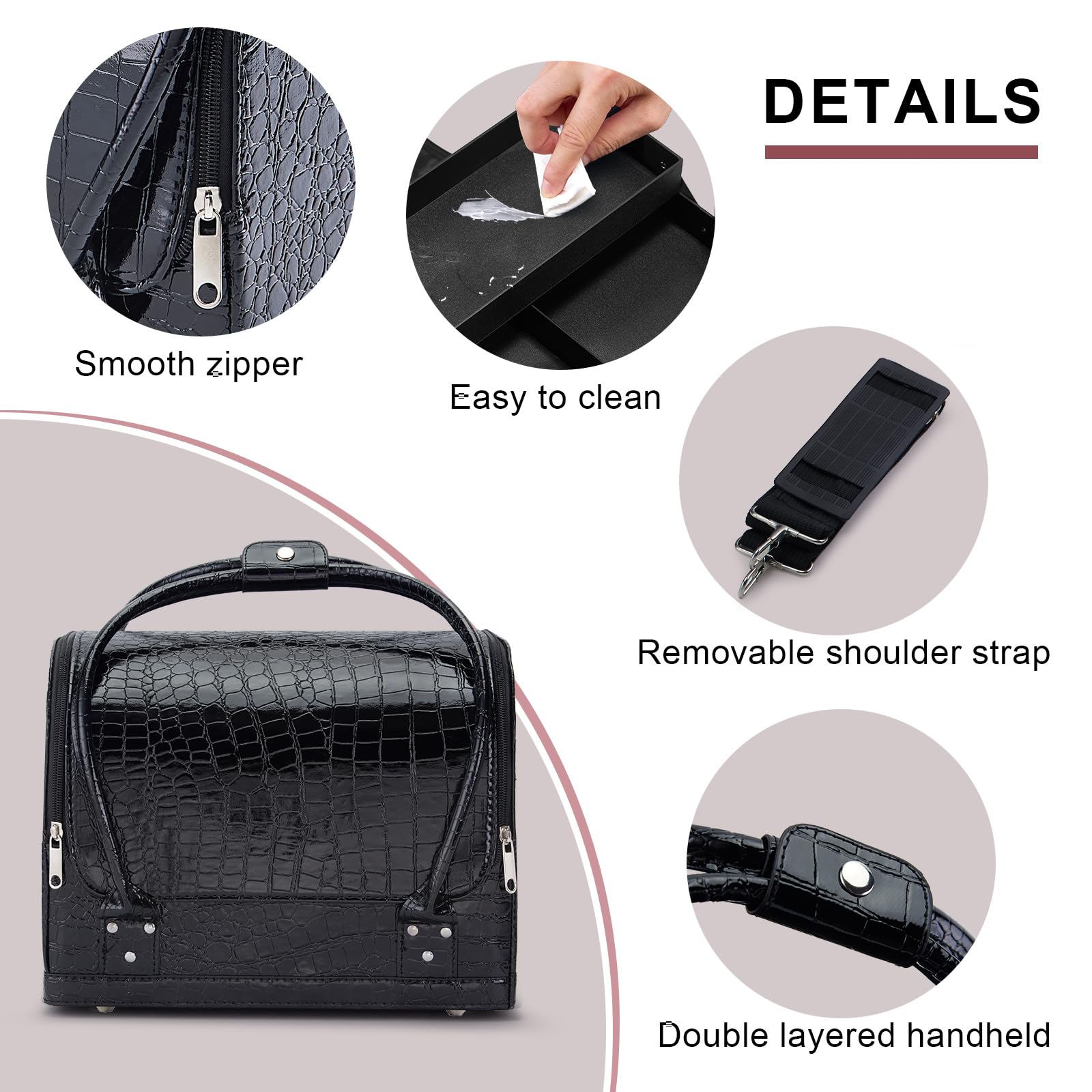 Joligrace Beauty case da viaggio per cosmetici, beauty box, nail art, parrucchiere, organizer con tracolla, Grande nero., moderno