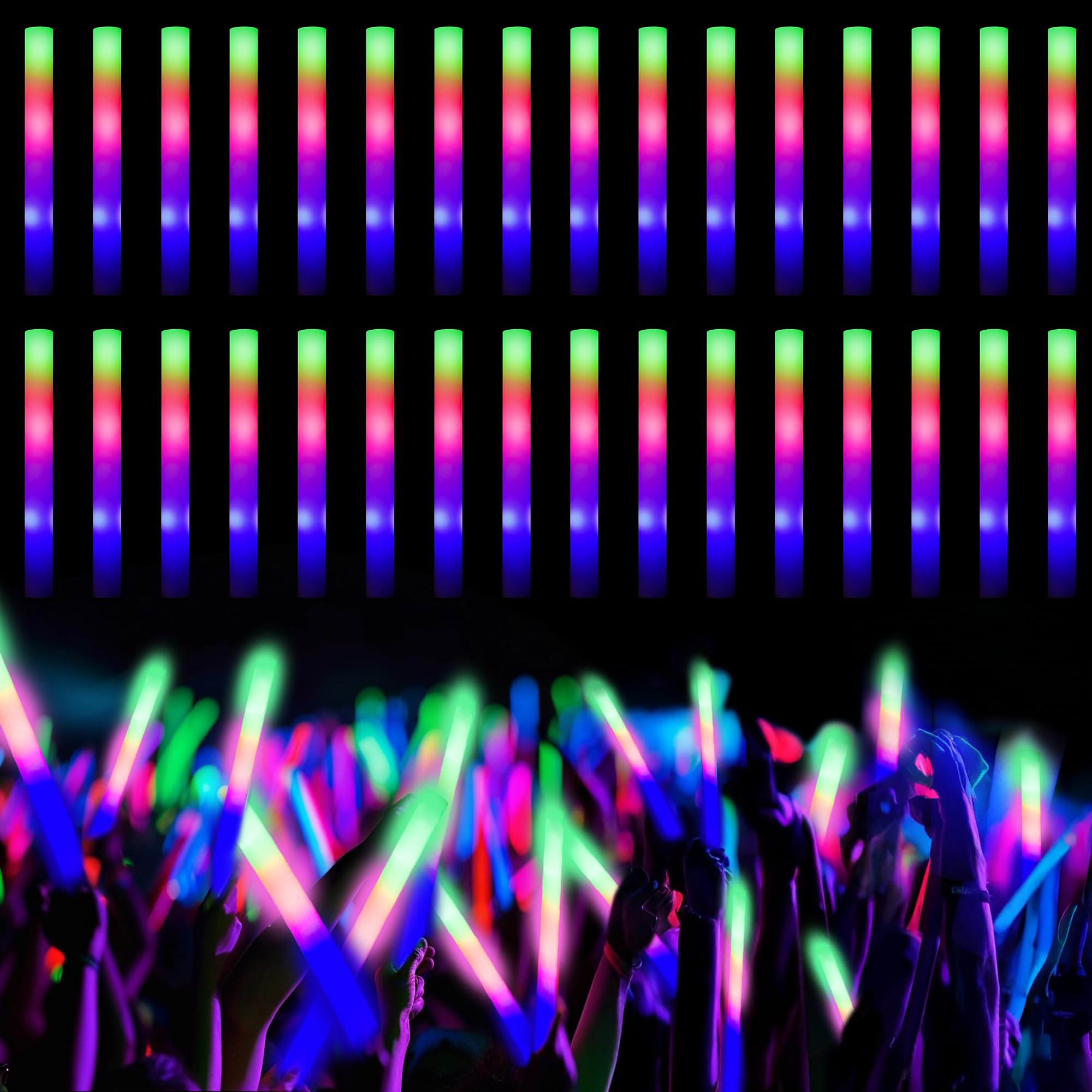 ALUNME 72 Pack Glow in The Dark Party Supplies, Led Light Up Foam Glow Sticks Bulk with 3 Modes Colorful Flashing for Christmas,New Year, Wedding, Raves, Concert, Long Standby 10-24 Hours