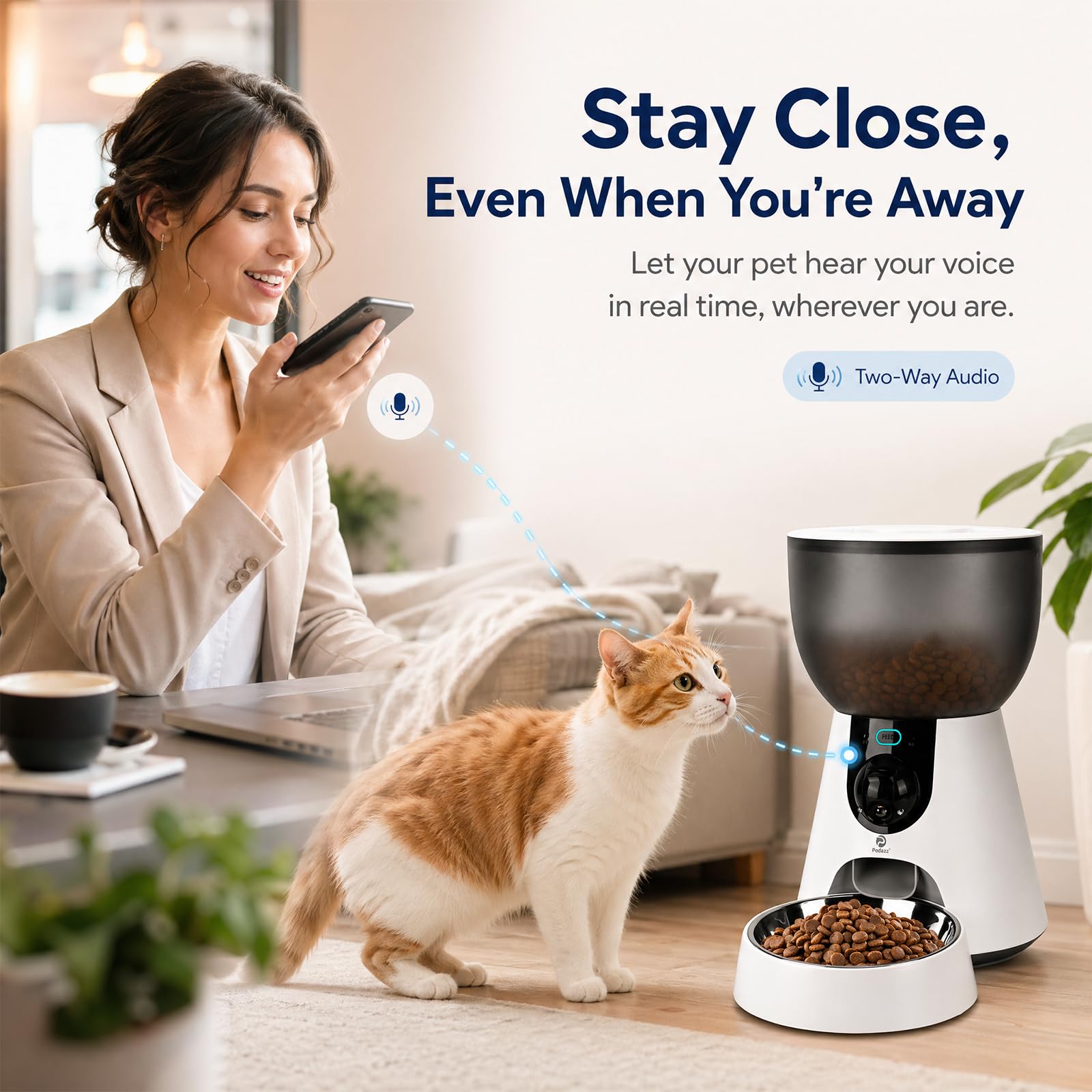 Podazz Distributore Automatico Cibo Gatti con Fotocamera 1080P, 2.4G/5G WiFi Dispenser Cibo Gatti, Controllo App, Timer, Visione Notturna e Voce Bidirezionale, Fino a 10 Porzioni 10 Pasti al Giorno