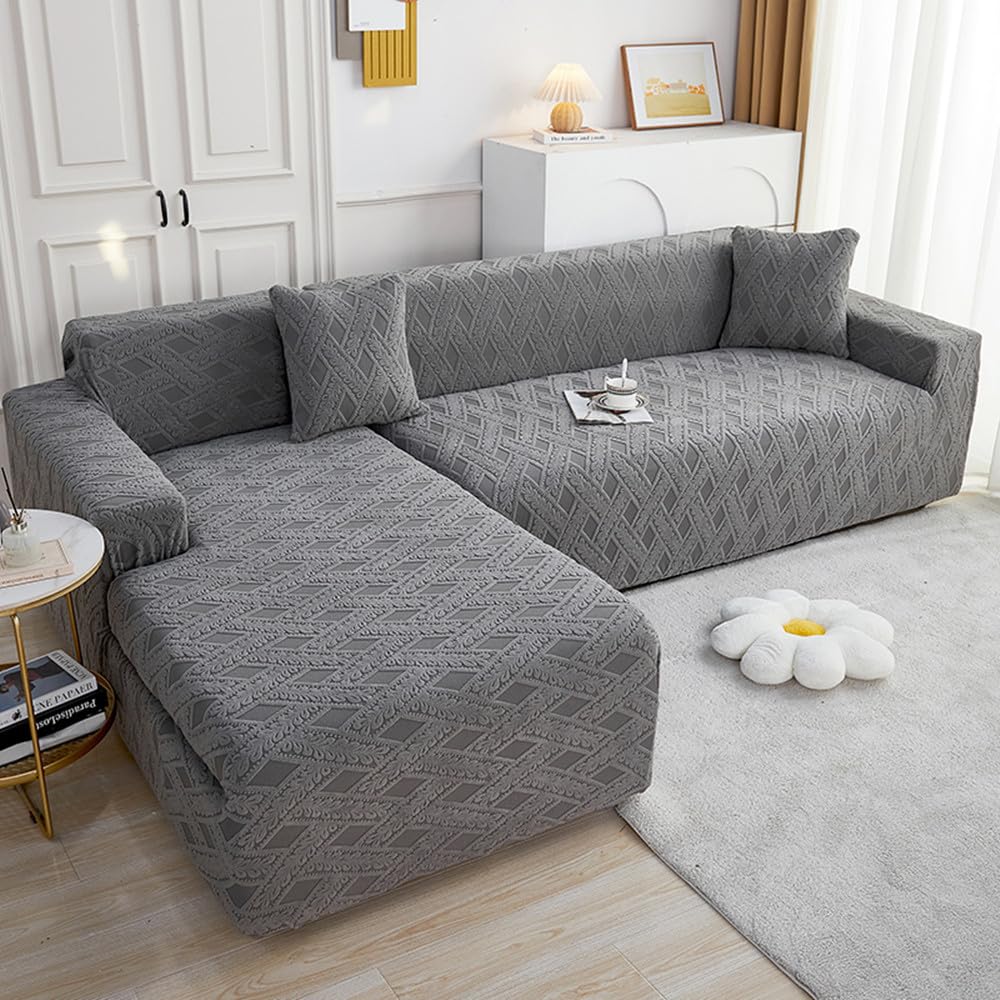Housse canapé d'angle extensible Jacquard gris foncé 2 places salon
