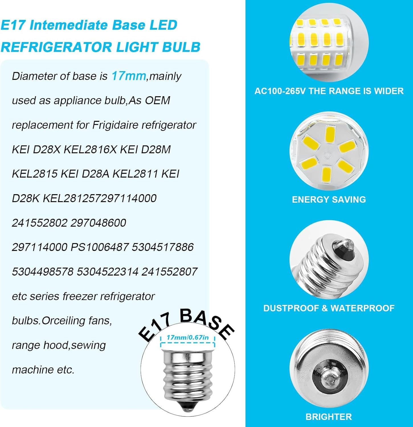 Kei D28x Kel 2816x Refrigerator Bulb Kei D28m Kel 2815 Bulb Replacement Fit for Frigidaire Kenmore Electrolux Freezer Light 5304517886 E17 Led 6W 100-265V Daylight White 5000k，Pack of 2