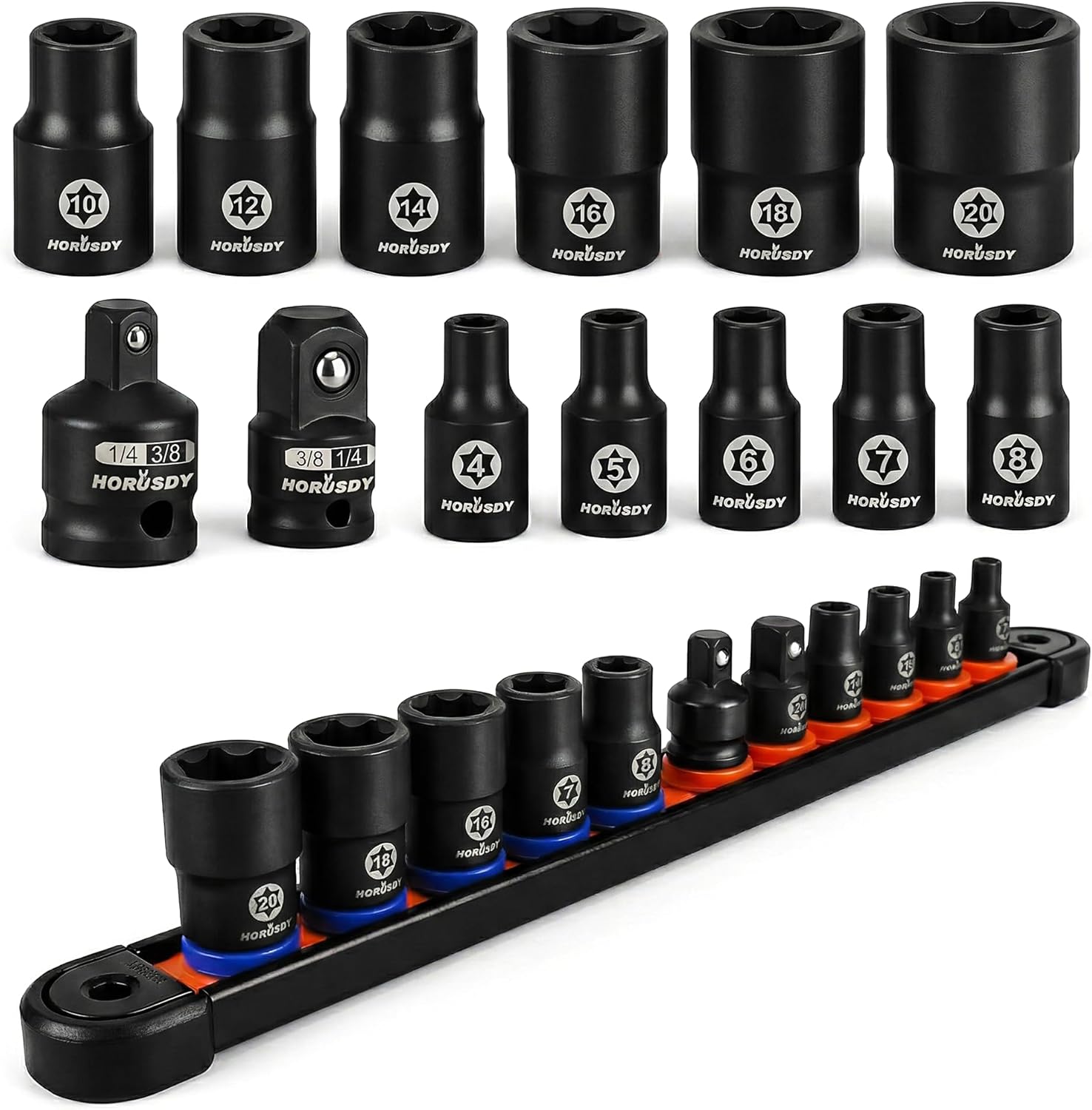 HORUSDY E-Torx Socket Set 13-Piece External Socket Set | 11-Piece Female E-Torx Sockets (E4-E20) Star Socket Set | 2-Piece Impact Socket Adapter Set