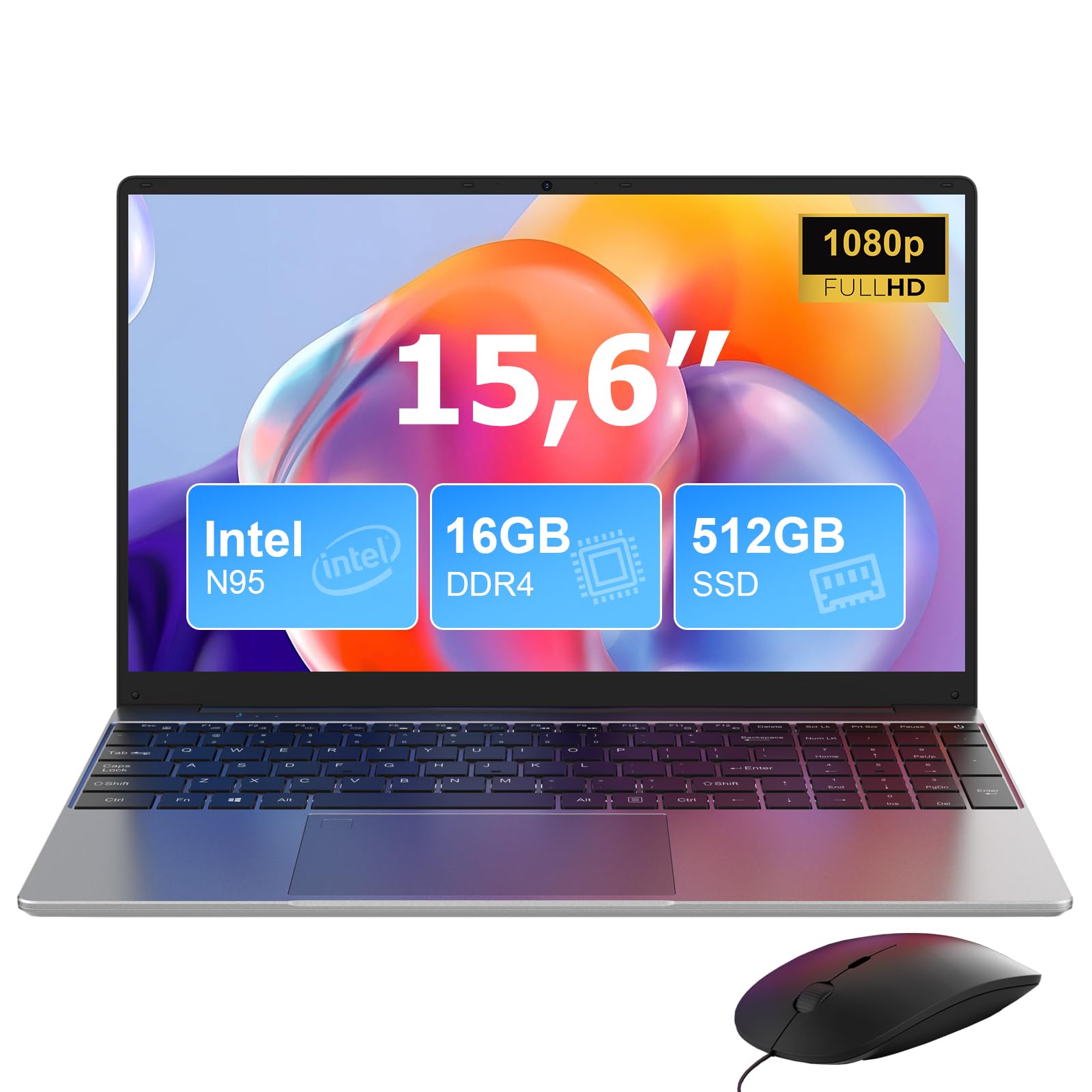 MAXLEGEN PC Portatile 15,6", 16GB RAM 512GB SSD N95(Fino a 3,4 GHz) Computer Portatile, 2.4G/5G WiFi, BT5.0, Type C, USB3.0, Tastiera Numerica Dimensione Piena Per Ufficio, Mouse incluso