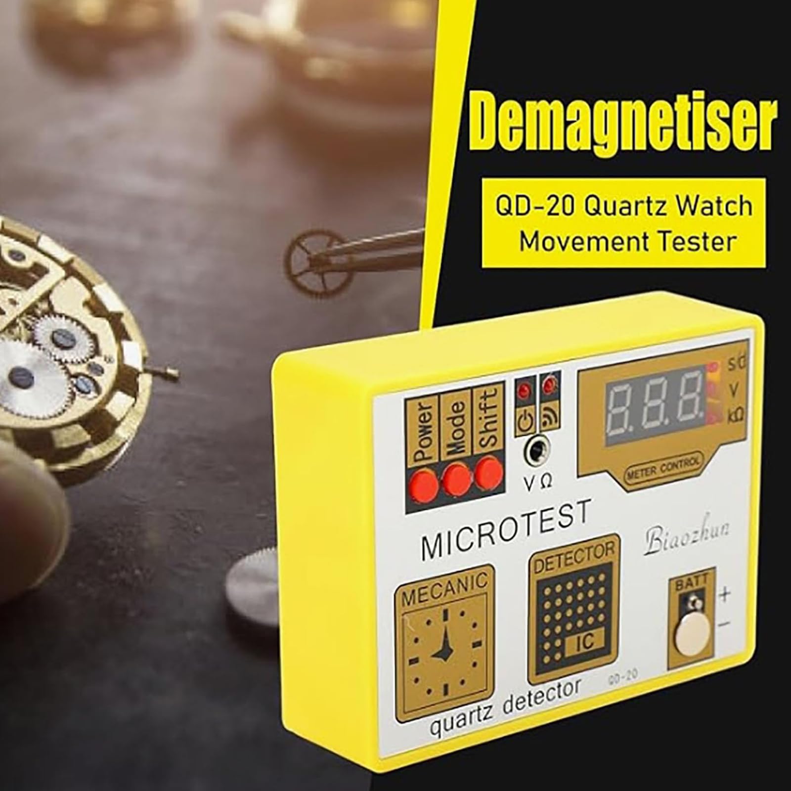 Tester per Movimenti di Orologi al Quarzo QD-20, Cronocomparatore Multifunzione con Display LCD - Smagnetizzatore Integrato e Monitoraggio della Frequenza in Tempo Reale per la Riparazione di Orologi