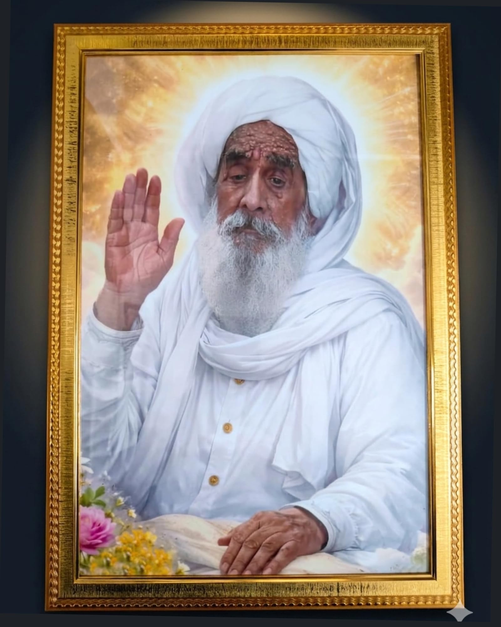 Sant Baba Ajit Singh Ji Hansali Wale Photo Frame | Golden Frame Wall Hanging | Religious Spiritual Wall Decor | HD Print | 12x18 Inch (Golden Blessing Pose)-image-45