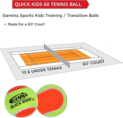 Miniatura 7 de Gamma Quick Kids - Juego o kit de raqueta de tenis junior de 23 pulgadas con una bolsa de 12 bolas de transición de fieltro naranja y amarillo GAMMA