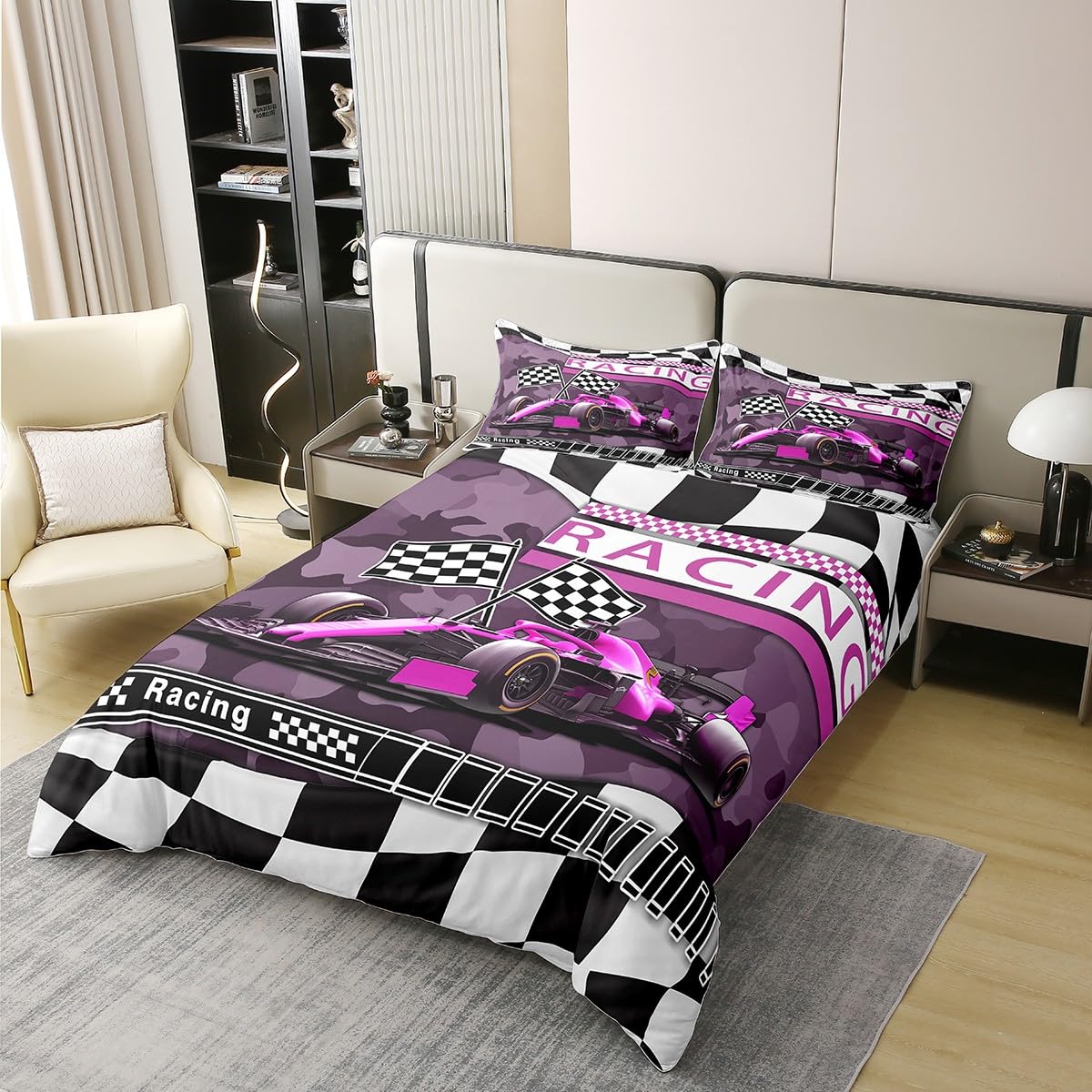 Cotton Purple Black Race Car Duvet Cover Full for Kids,Racing Car Extreme Sports 3 Pieces Duvet Cover,Kids Military Camouflage Print Comforter Cover (Not Comforter),Racing Game Gamer Quilt Cover