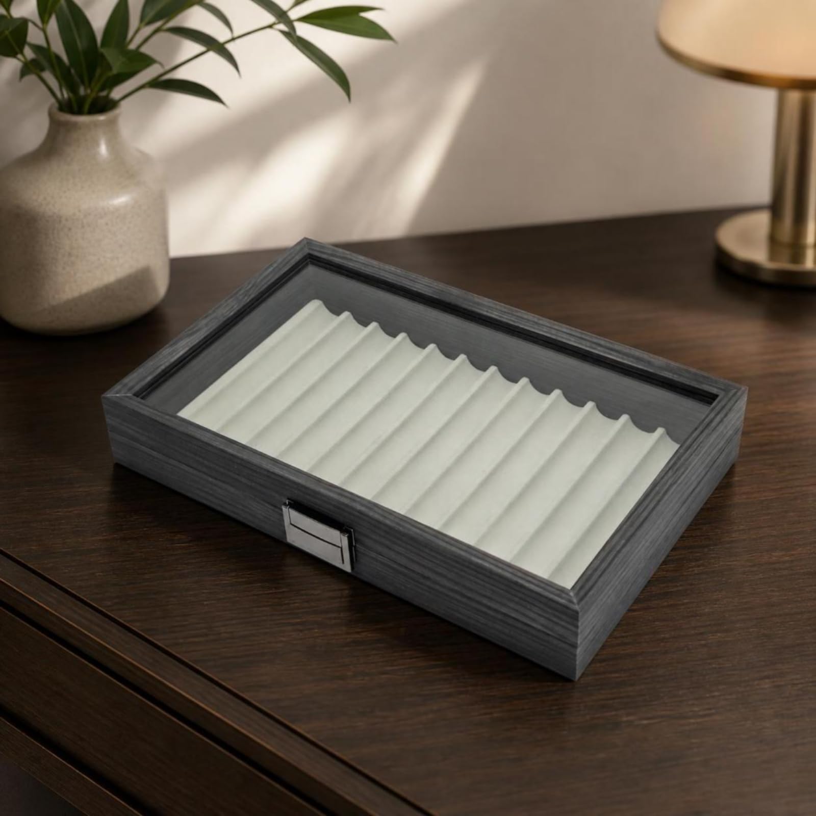 Stifte-schatulle mit 12 fächern dekorativ Stiftaufbewahrungsbox mit 12 fächern elegant Stiftebox sichtfenster für Schreibtisch, Präsentation, Büro, Ebenholz Holzoptik