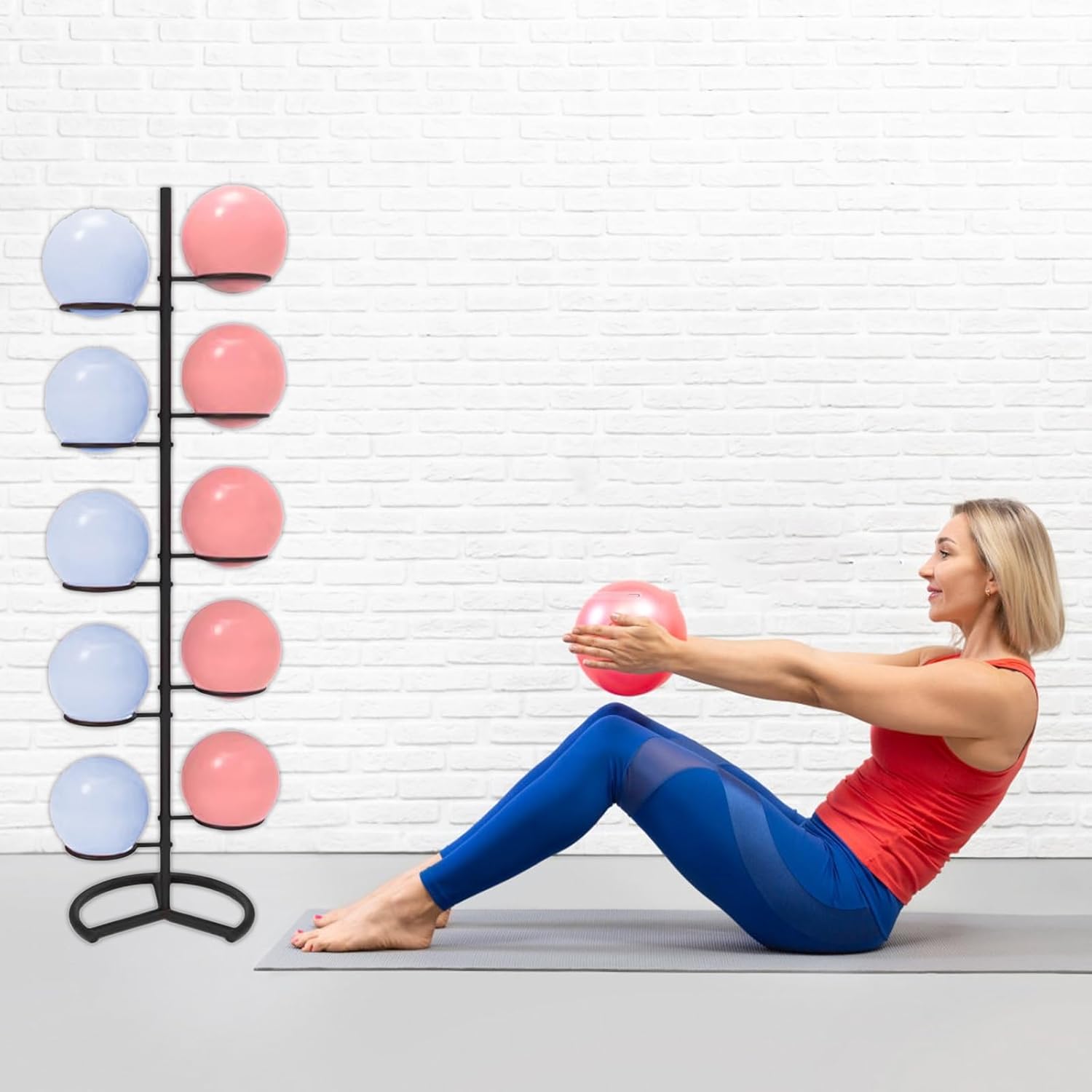 Commercial Gym Exercise Ball Holder Commercial Black Pilates Ball Cart with Round Brackets, Tall Upright Organizer Holder for Fitness Room/Gym/Studios/Home Display, Save(One Color 9)