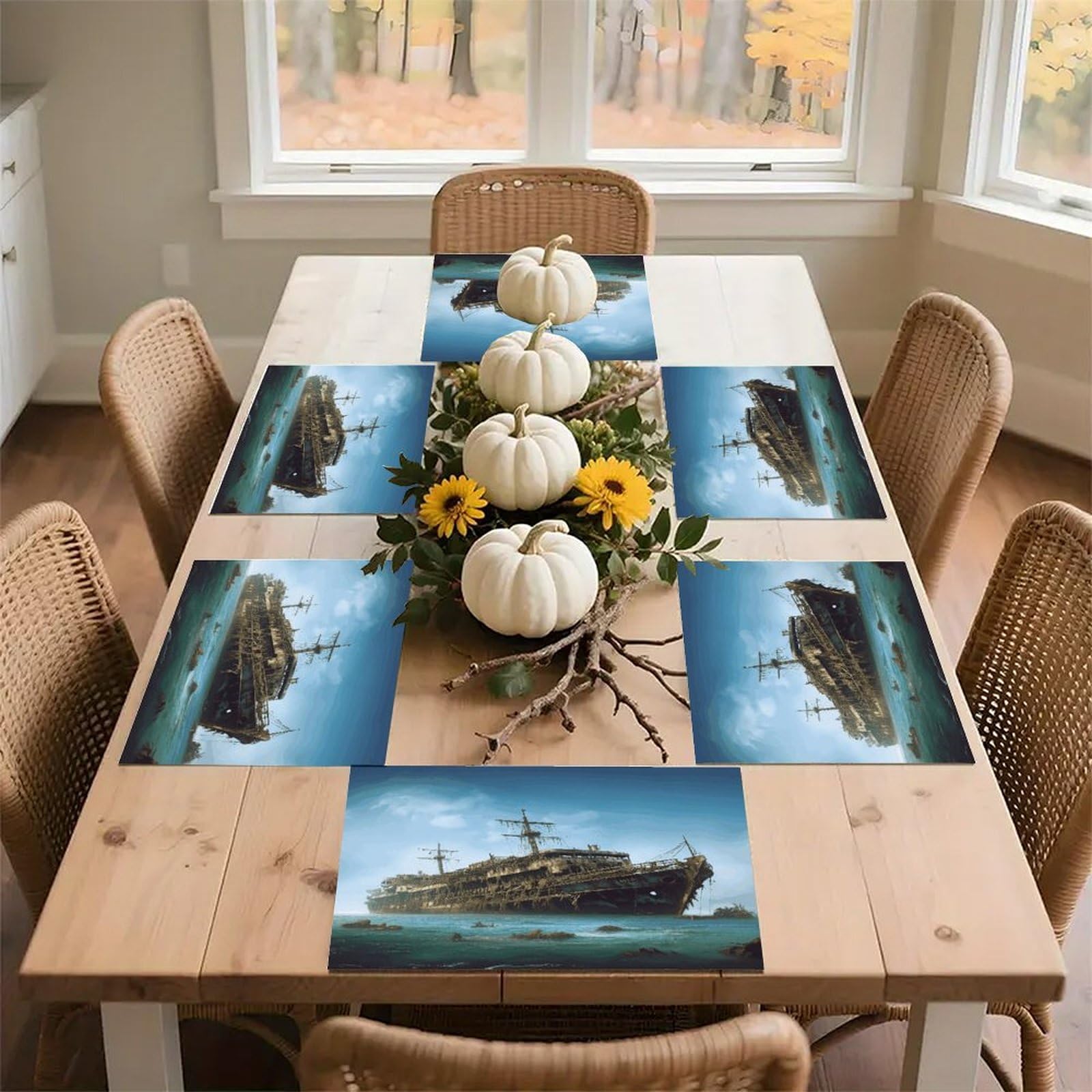 Abandoned Cruise Ship at Sea Placemats Non-Slip Heat Resistant Table Mats Flax Washable Cloth Place Mats Easy to Clean Premium Placemat for Kitchen Dining Table Decor Party Outdoor