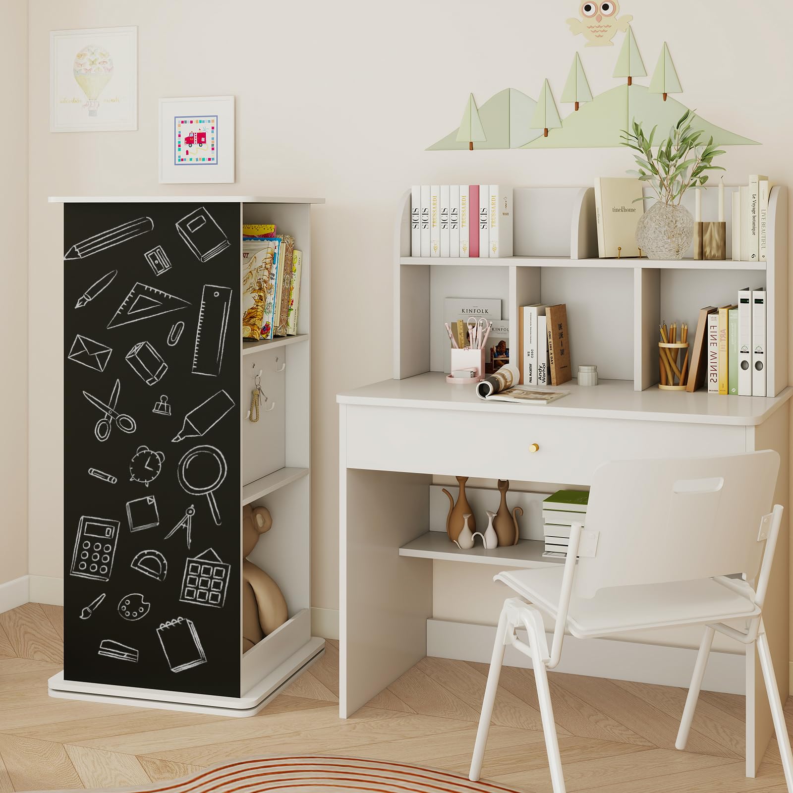 COSTWAY Bücherregal Kinder drehbar, Kinderregal mit Tafel & Spiegel, 3-stufiges Kinderbücherregal mit 8 Haken & offenen Fächern, Drehregal Spielzeugregal für Kinderzimmer, Wohnzimmer & Spielzimmer