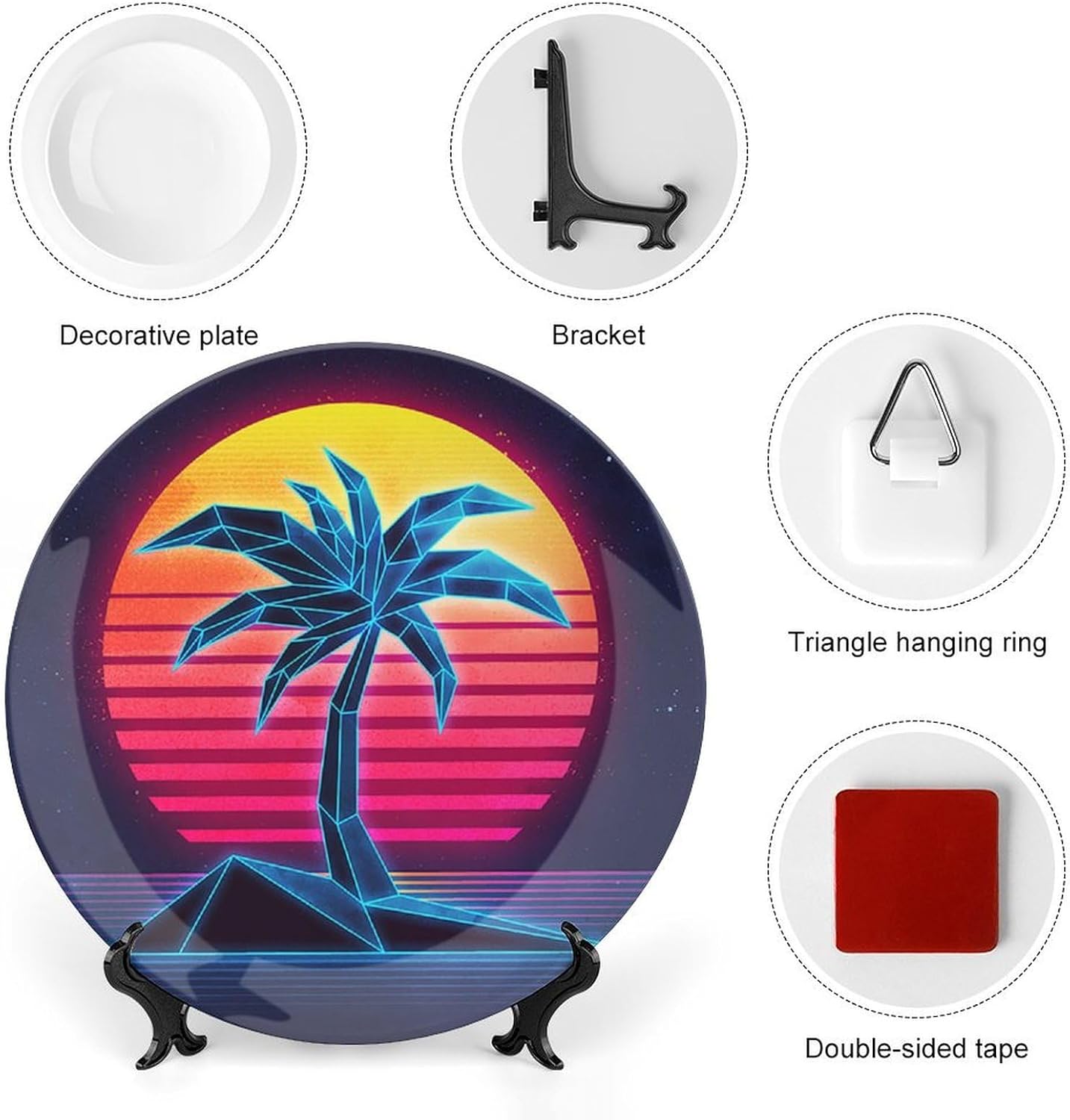 Coconuts Trees 80s Sunset Decorative Plates for Display Ceramic Plate Tray with Stand Hanger Home Decor