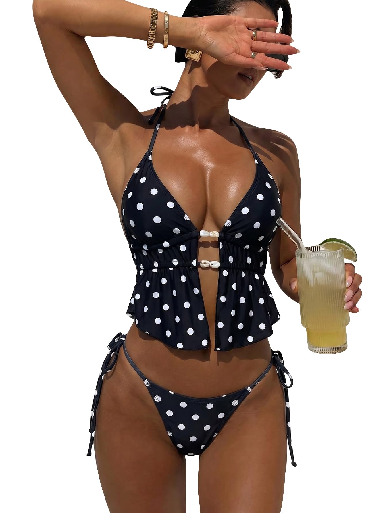RoseSeek Women's 2 Piece Boho Polka Dots Beaded Bikini Sets Sexy Swimsuits