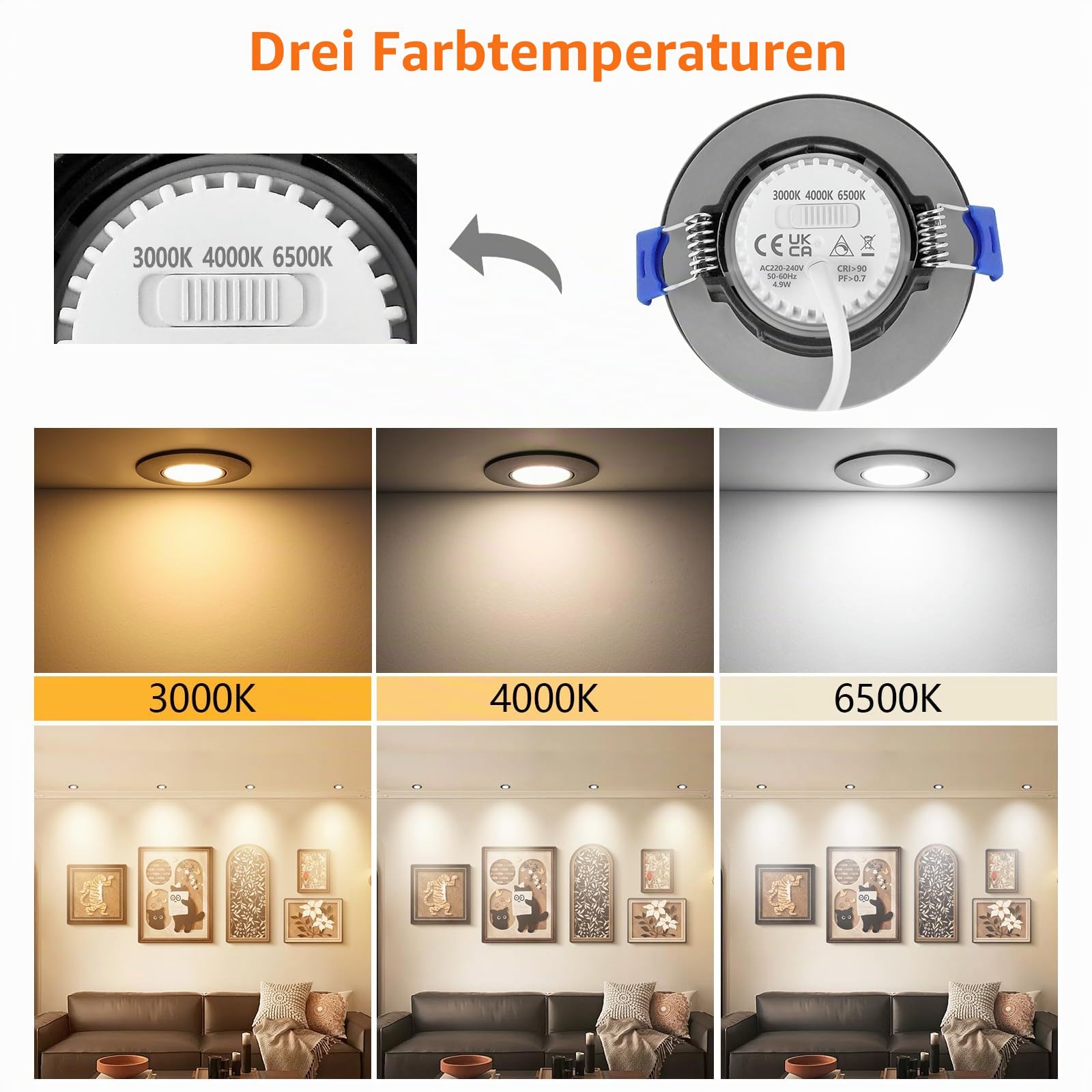 YindaLux LED Einbaustrahler 230V Dimmbar Flach LED Spots 5W IP65 Deckenspots Warmweiß Neutralweiß Kaltweiß Einbauleuchten 68mm 500LM Einbauspots für Badzimmer Wohnzimmer Rund Led Spot Schwarz, 6er Set