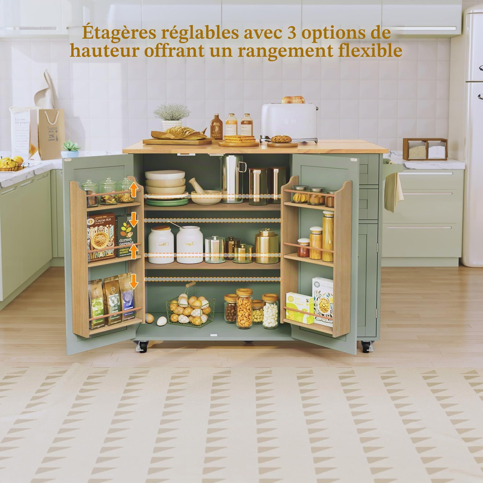 HOLTICO Îlot Central de Cuisine Mobile avec Plan de Travail Pliable, Desserte de Cuisine à roulettes avec Rangement à Épices, 2 Tiroirs et Étagères Réglables, Meuble de Cuisine, 128x46x91 cm, Vert