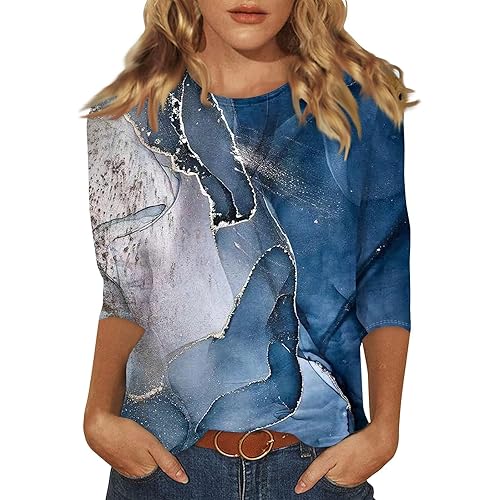Summer Tops for Women 3/4 Sleeve Length Shirts Crew Neck Loose Casual Blouses Floral Print Shirt, Small