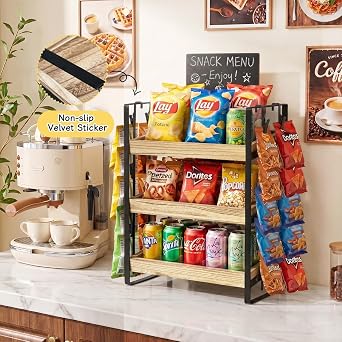 3-Tier Snack Organizer for Countertop, Chip Rack Display Stand with 20 Metal Snack Clips, Wooden Snack Bar Organizer for Party, Retail, Home, Office, Brown Snack Display for Counter with Blackboard