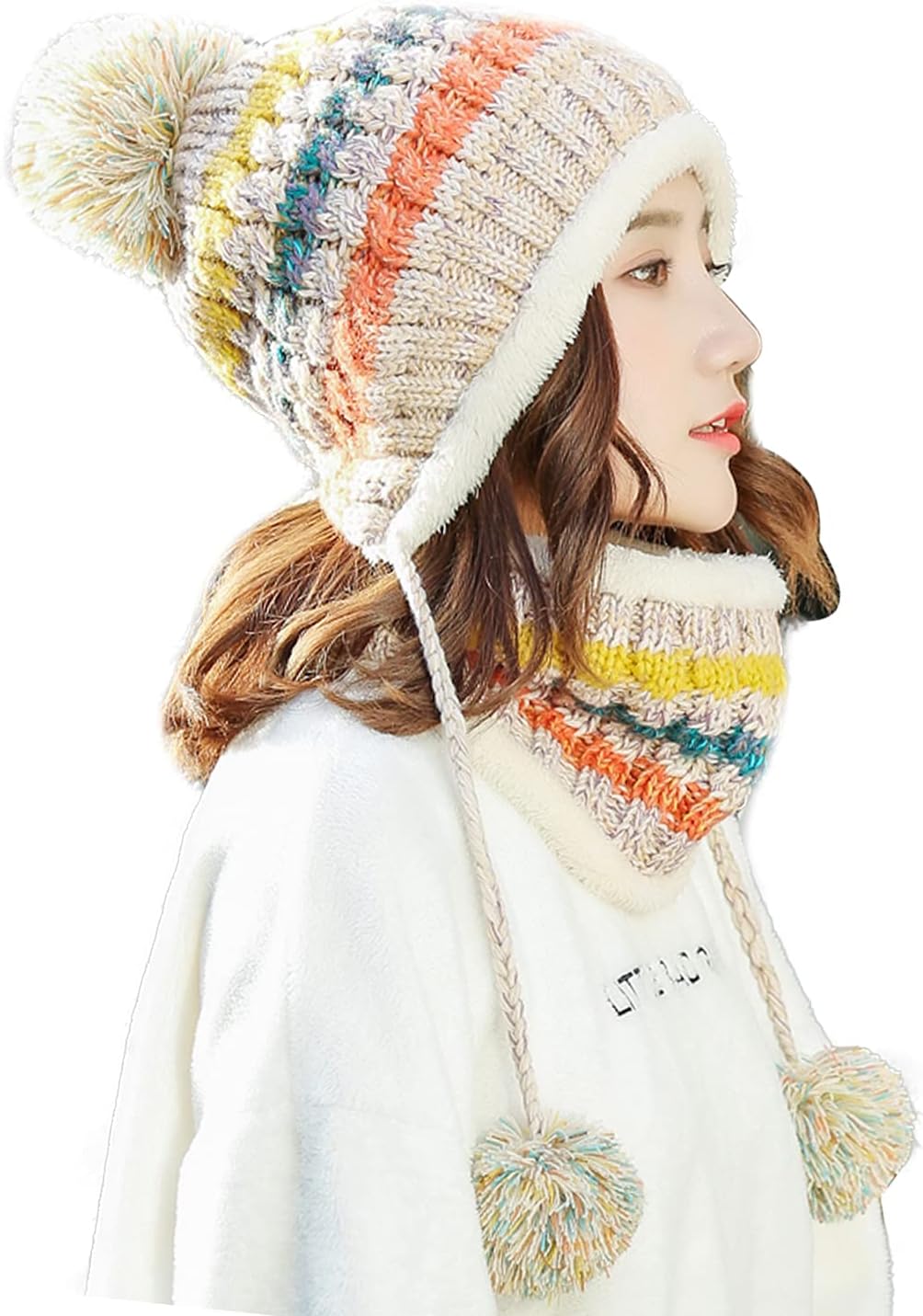 Women Winter Beanie Hat Circle Scarf Set Pompoms Peruvian Ski Snow Ear Flaps Cold Weather Warm Sherpa Knit Hats Fleece Lined