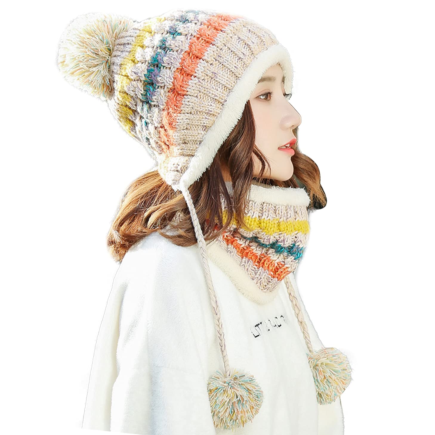 HUAMULAN Women Winter Beanie Hat Circle Scarf Set Pompoms Peruvian Ski Snow Ear Flaps Sherpa Knit Hats Neck Warmer Set Skull Cap, Fits Small To Medium Head