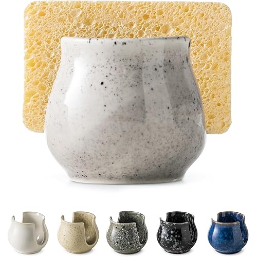 Sponge Holder for Kitchen Sink, Ceramic Dish Sponge Drying Caddy Sponge Rack Kitchen Organizer Cute Kitchen Accessories for Sink Counter, Speckled Glaze