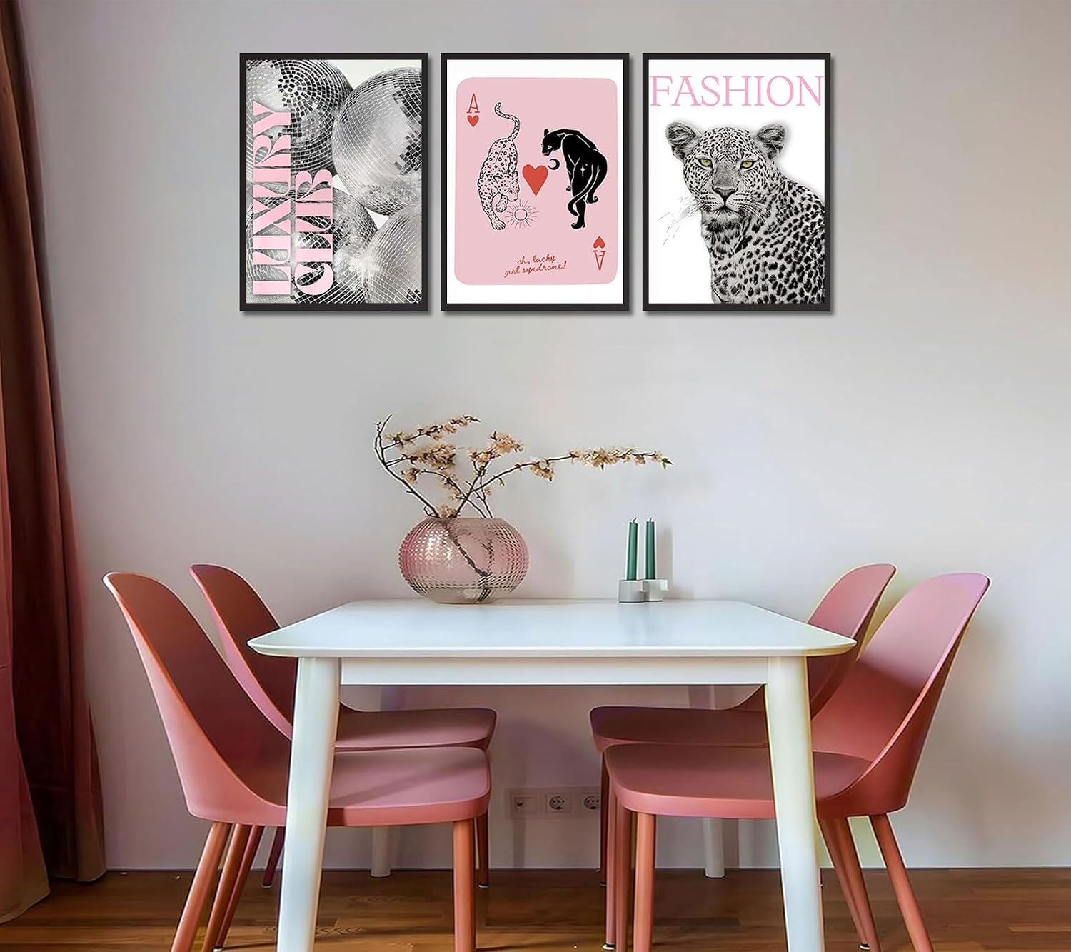 3pcs Pink Leopard Print Poster Wall Art Funky Disco Ball Poker Ace Painting Picture Wall Decor Modern Girl Preppy Poster Print Artwork for Girls Bedroom Dormitory Home Decoration 12x16in Unframed