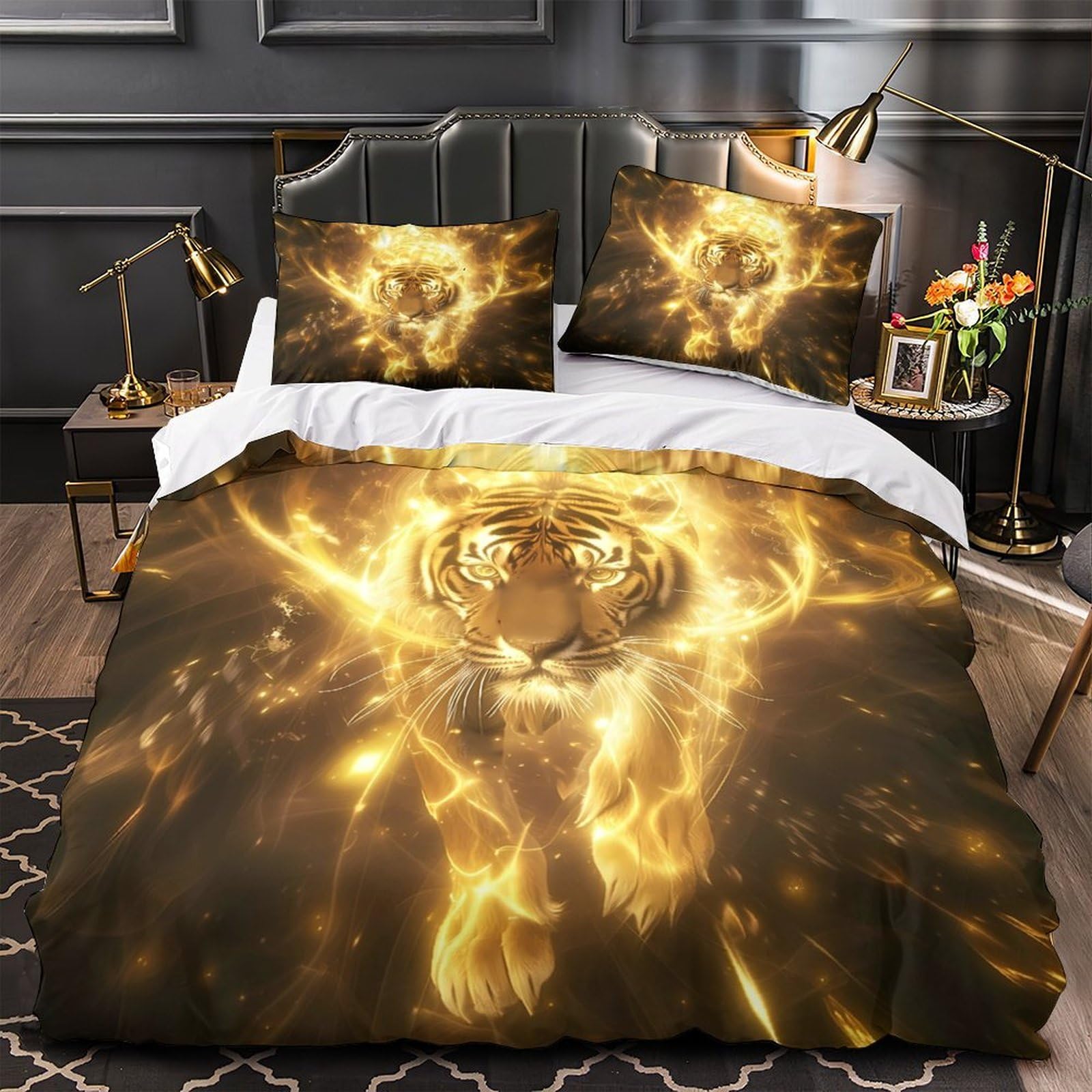 Golden Tiger Quilt Cover 3D Print Premium 3 Pieces Bed Set Hidden Zipper mythical Creature Duvet Cover Extra Soft Wrinkle-Resistant for Adults Kids Teens Women Youth Teenagers King（220x240cm）