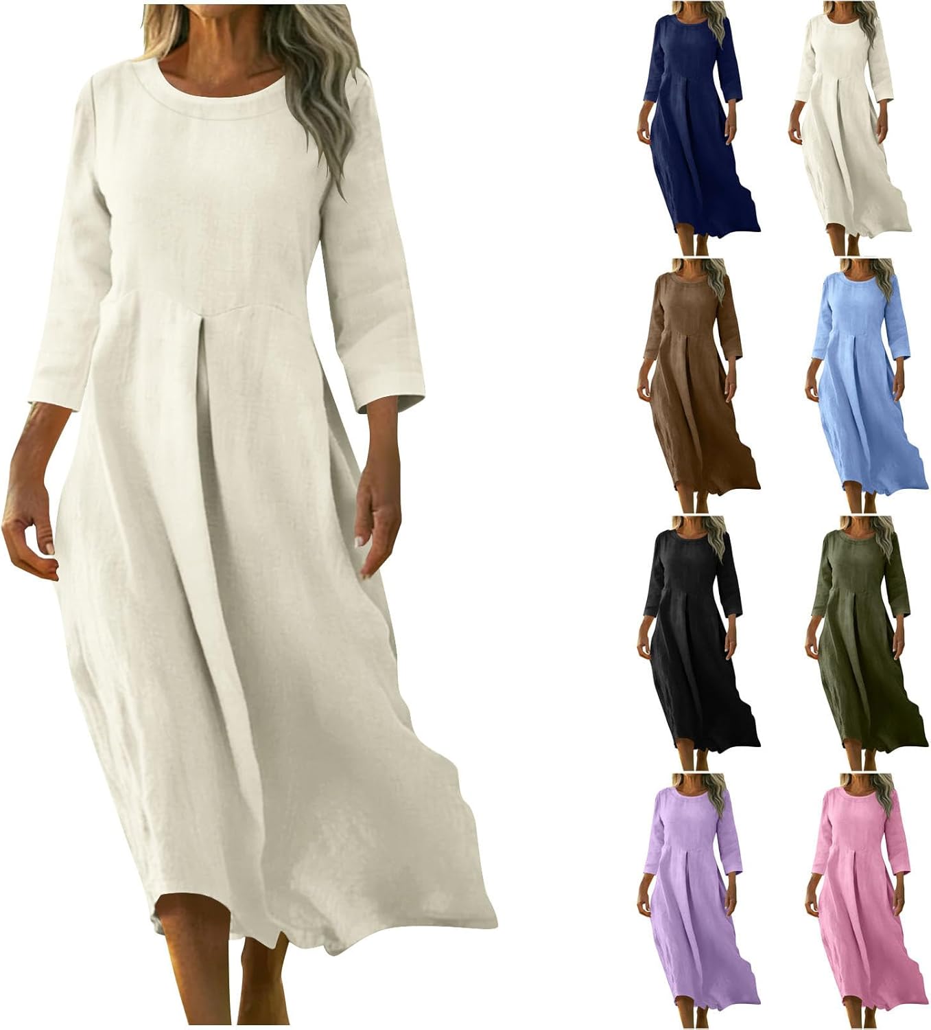 HGps8w 3/4 Sleeve Linen Dresses for Women Summer Loose Crewneck Pleated Elegant A-Line Casual Swing Beach Dress