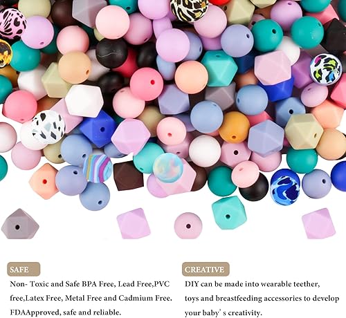 Miniatura 5 de Kit de 57 cuentas de silicona a granel, cuentas de silicona de estilos mixtos para hacer llaveros, cuentas de silicona hexagonales redondas de