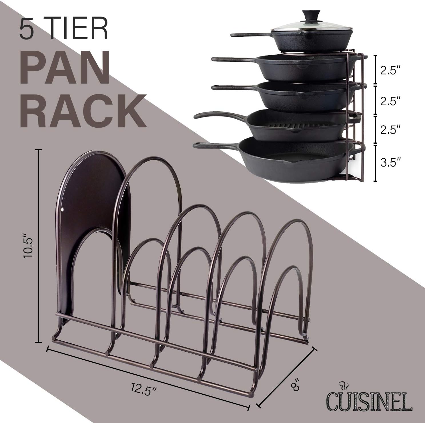 Pan Organizer for Cast Iron Skillets, Griddles and Pots - Heavy Duty Pan Rack - Holds Up to 50 LBS- Horizontal or Vertical Use - Durable Steel Construction - Bronze 12.2 Inch - No Assembly Required: Home & Kitchen