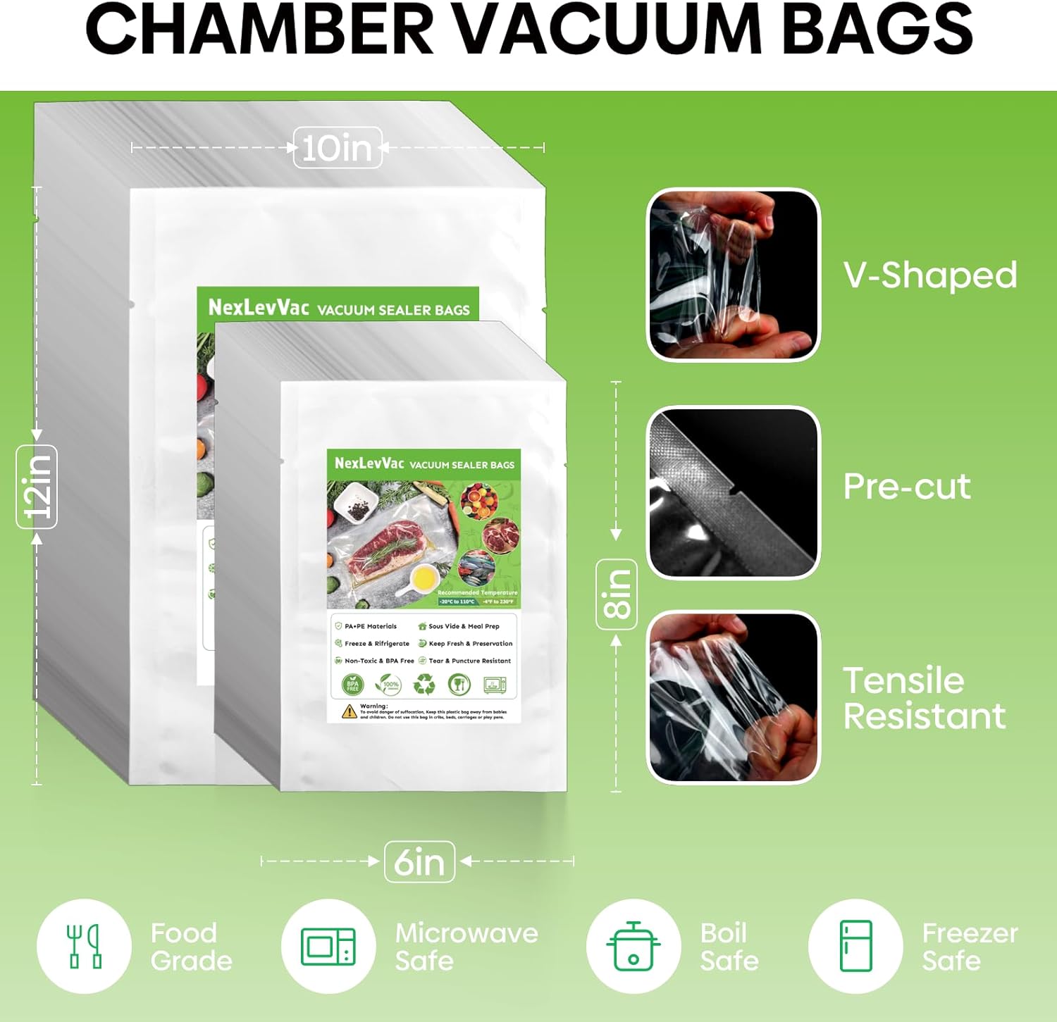 Chamber Vacuum Sealer Bags 200PCS 6"X8"&10"X12",Heavy Duty Pre-Cut Vacuum Chamber Pouches for Food Storage,Sous Vide or Meal Prep,BPA-Free Thick Seal a meal bag for Commercial Sealer Machine