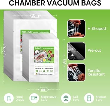 Chamber Vacuum Sealer Bags 200PCS 6X8&10X12,Heavy Duty Pre-Cut Vacuum Chamber Pouches for Food Storage,Sous Vide or Meal Prep,BPA-Free Thick Seal a meal bag for Commercial Sealer Machine