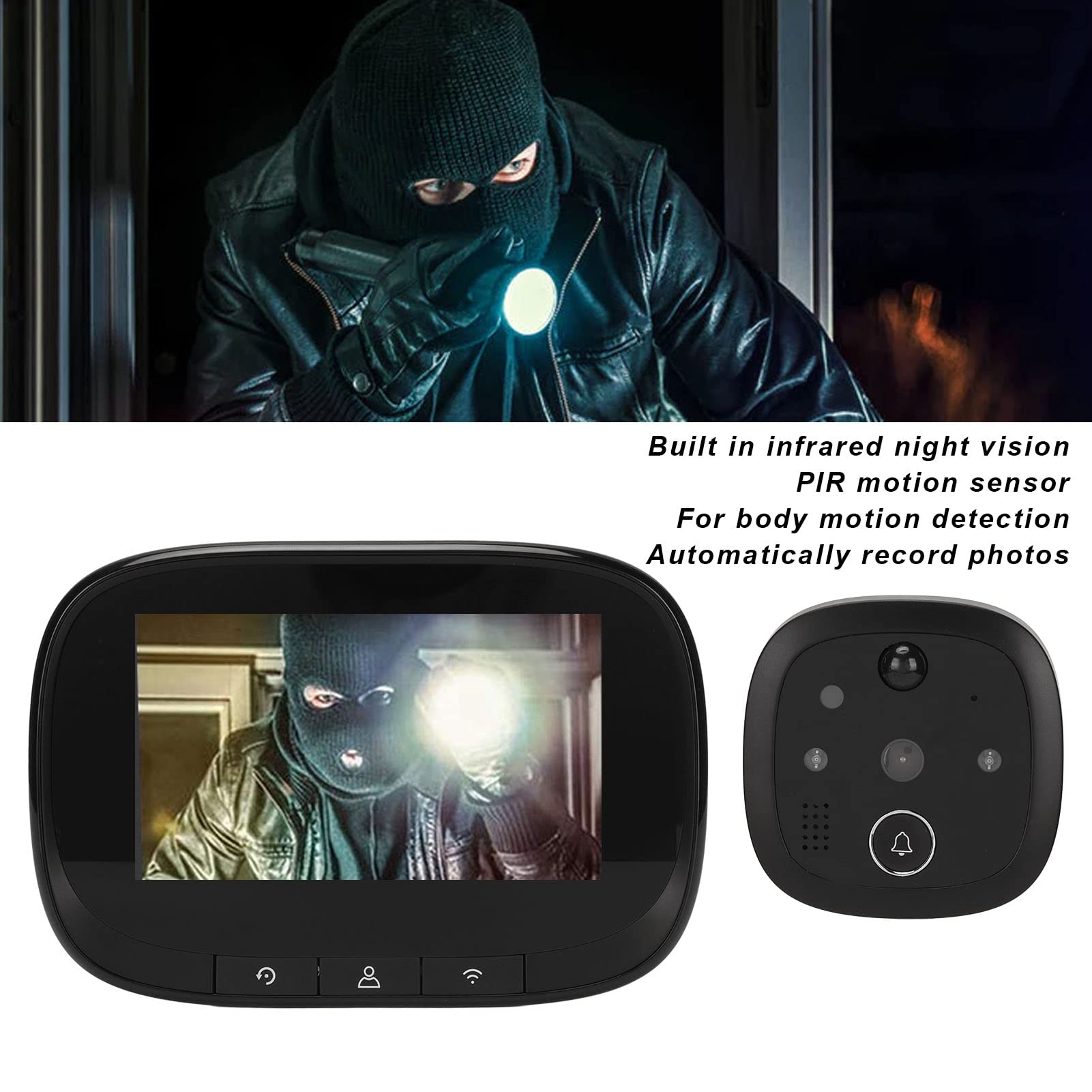 Judas de Porte Numérique, Détection de Mouvement PIR,Nocturne, Sonnette Visuelle Intelligente WiFi avec Image HD, Caméra 720P, Conception Grand Angle 120°, Connexion APP,