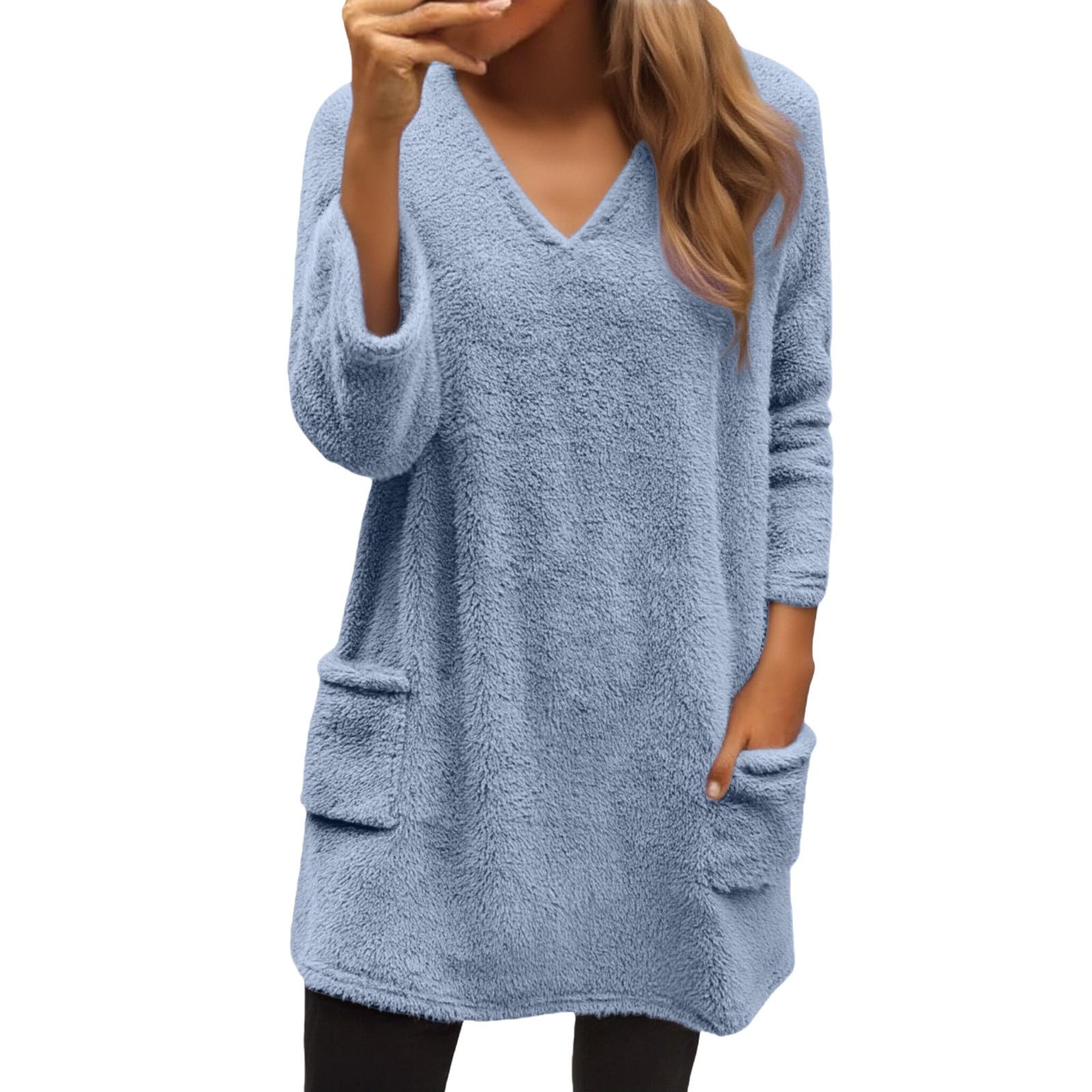 Fleece Pullover Women Cozy Sweaters for Anxiety Fuzzy V Neck Sweater Casual Tunic Sherpa Pajamas Winter Warm Long
