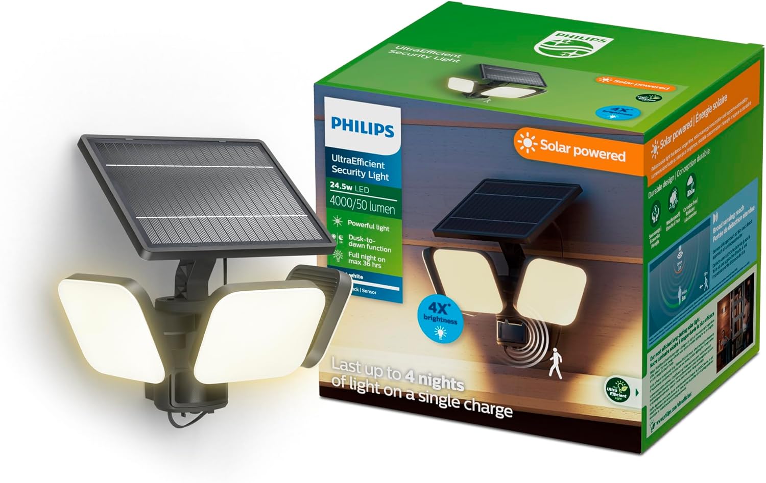 Philips Zyren UltraEfficient Solar Security Light, IP65 Weather-Resistant, 4000 Lumens, Broad Range Motion Sensor, Dusk-to-Dawn Operation, Replaceable Battery, Black, 3000K, 1 Light