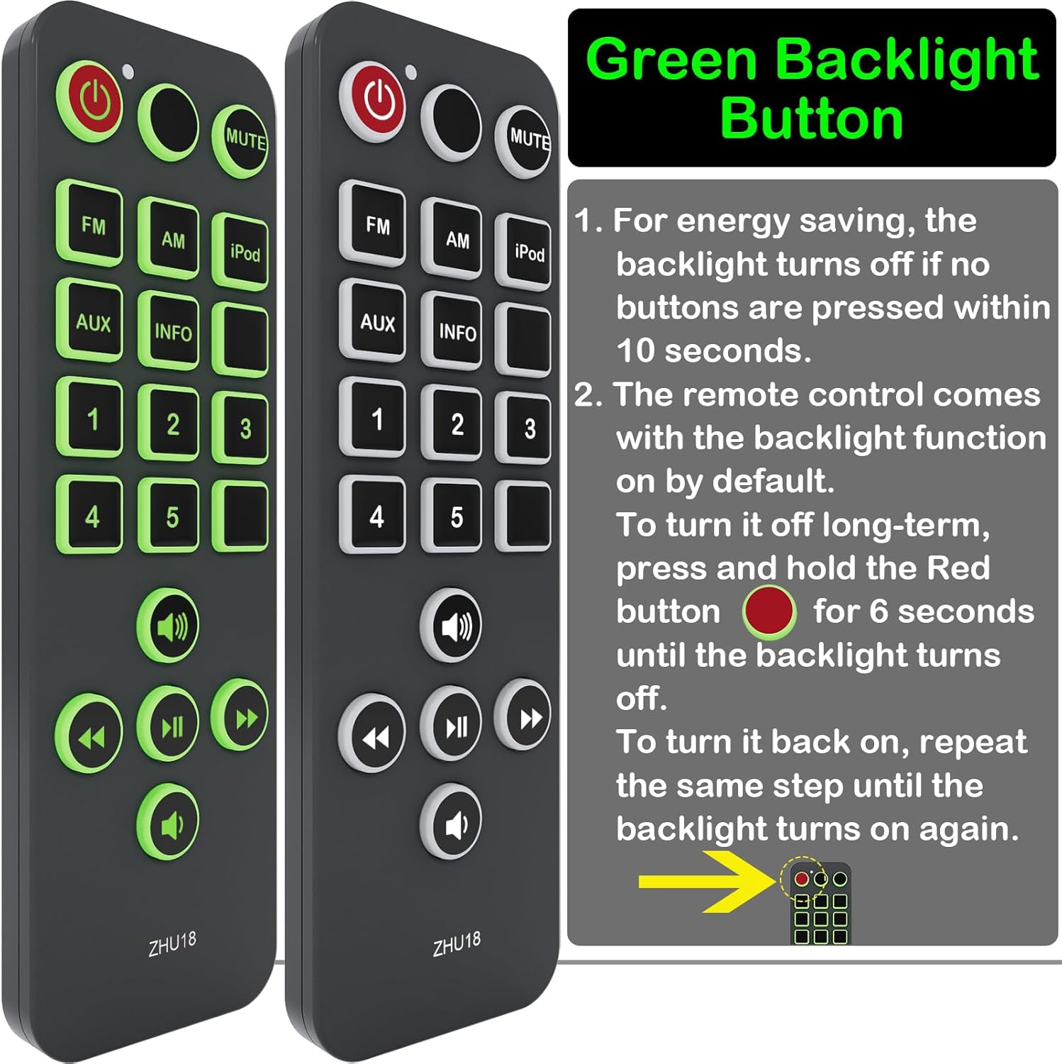 Image illustrating the backlight function of the remote control, showing how to turn it on and off.