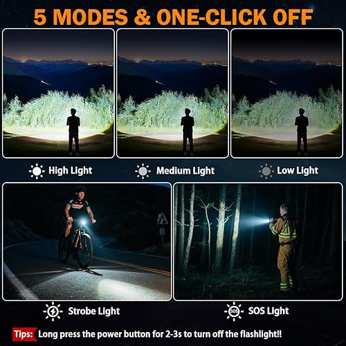 Miniatura 5 de Paquete de 3 linternas recargables de alto lúmenes 9900FL, linterna LED recargable con pantalla digital LCD, 5 modos de luz de flash ajustable,