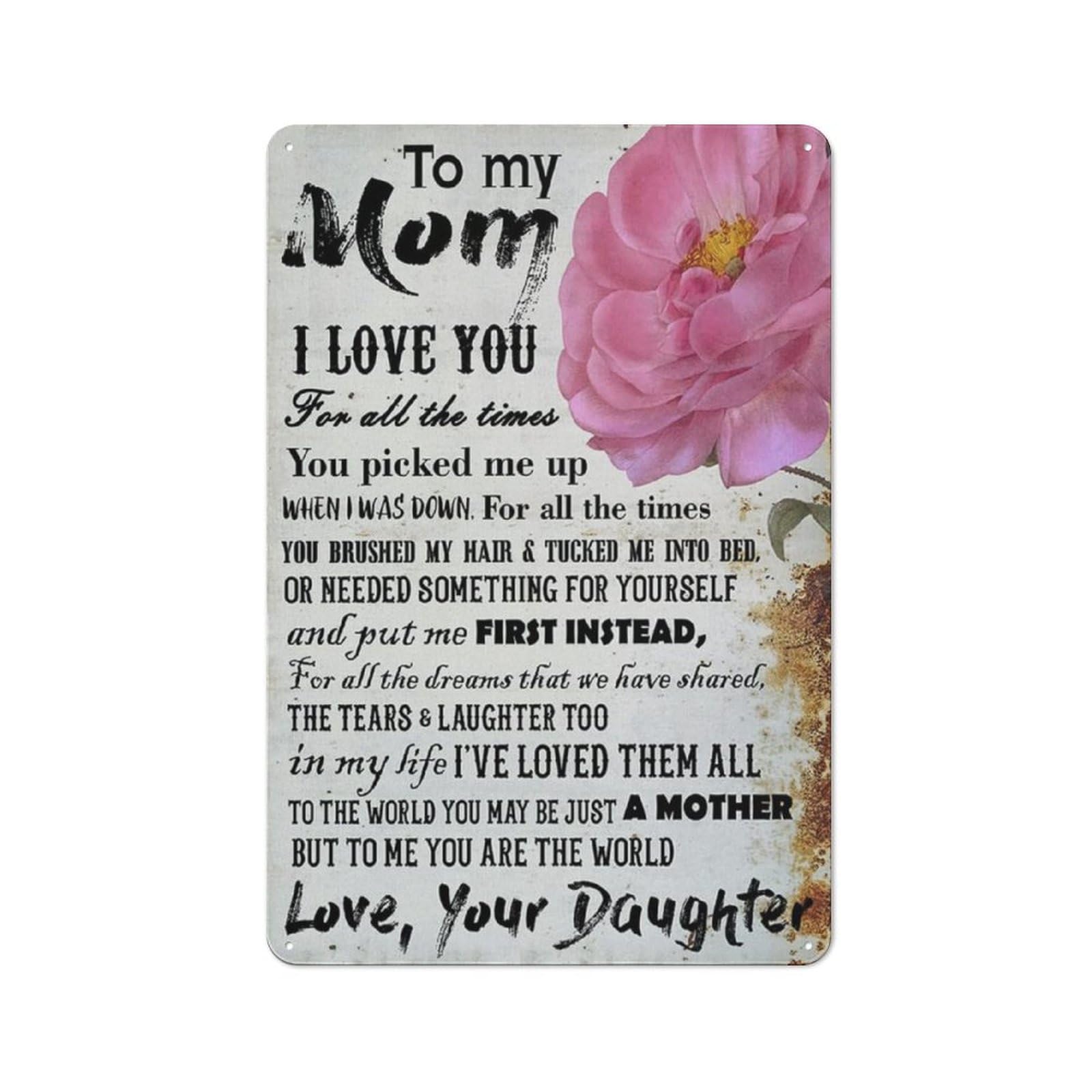 Rustic Metal Tin Sign, Daughter To Mom Love Flower Wall Art, Bedroom Warm Gift Wall Decor 12x8 Inch