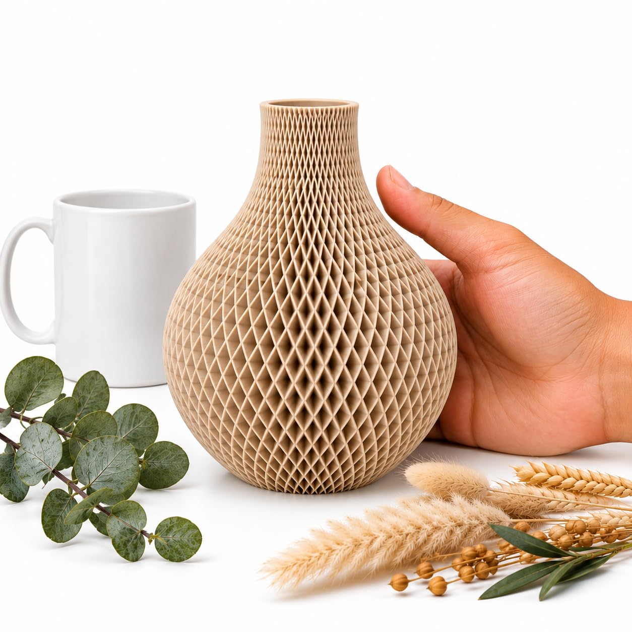 Geometric Diamond Vase, Modern Flower Vase for Pampas Grass, Dried Flowers, Home & Office Decor, Centerpiece, Handcrafted Gift Vase Only15 CM & 20CM (Beige, Medium)-image-1